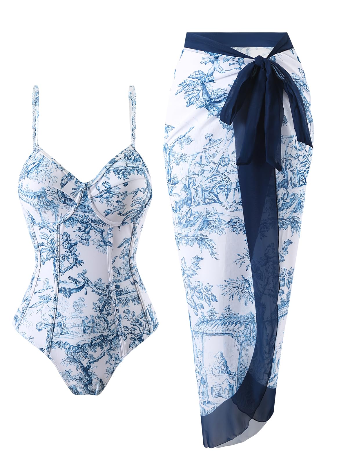 Women's Floral One Piece Swimsuit with Sarong Wrap Cover Up - 2 Piece Bathing Suit Beach Set for Pool, Vacation & Summer Outfits