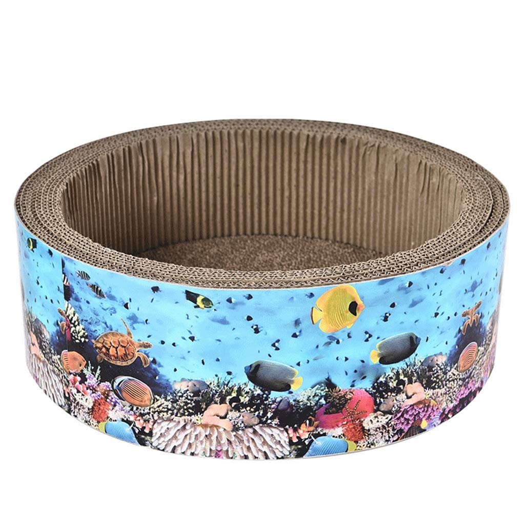 XMSG Round Cat Scratcher Lounge - Eco-Friendly Cardboard Scratching Bed with Blue Ocean Pattern Design for Indoor Cats | Perfect for Playtime, Napping & Claw Maintenance