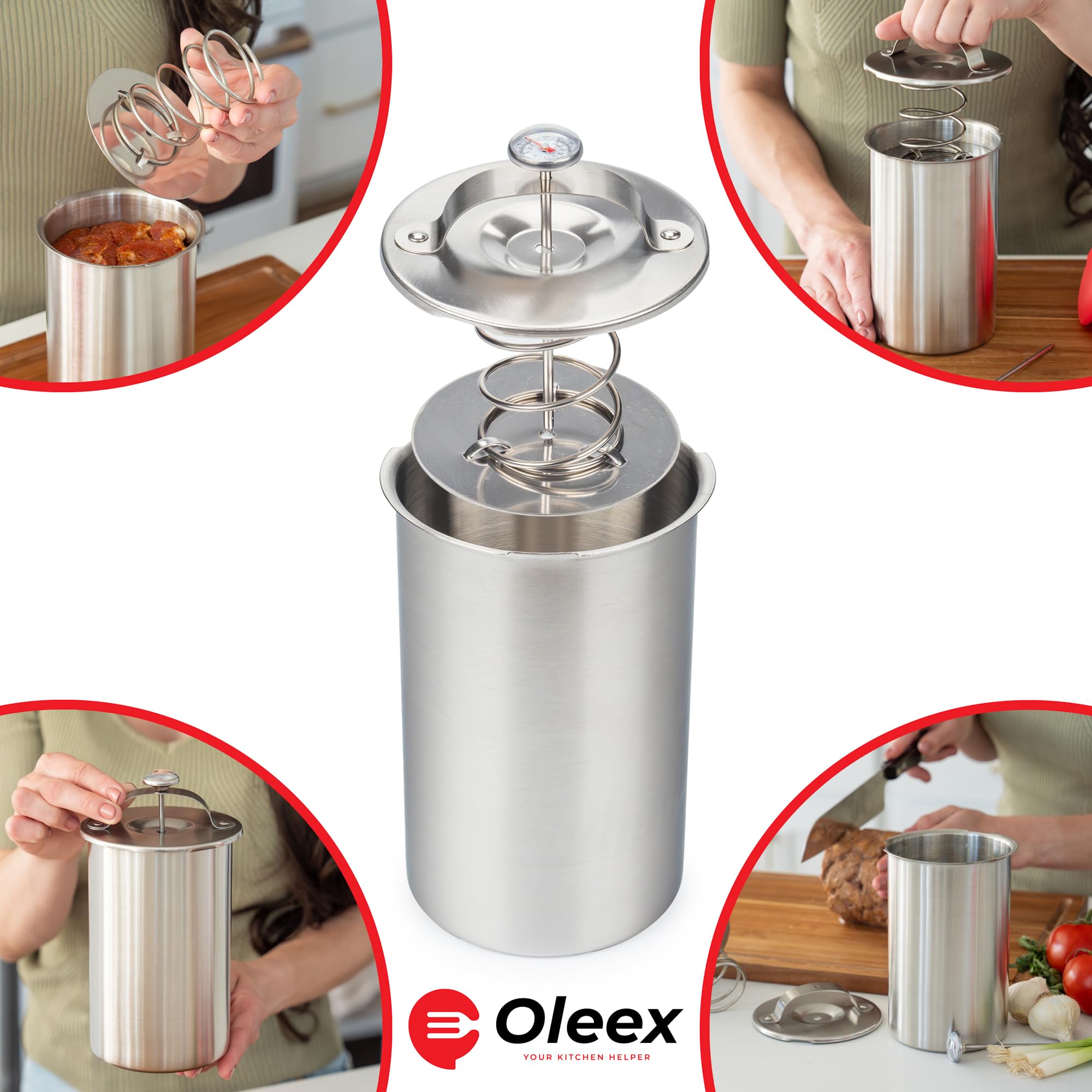 Oleex Stainless Steel Lunch Meat Press Mold - Deli Meat & Ham Maker with Cooking Thermometer & Silicone Mittens - Perfect for Homemade Sandwiches, Charcuterie Boards, and Meal Prep - Heavy Duty Kitchen Tool for Chefs & Home Cooks