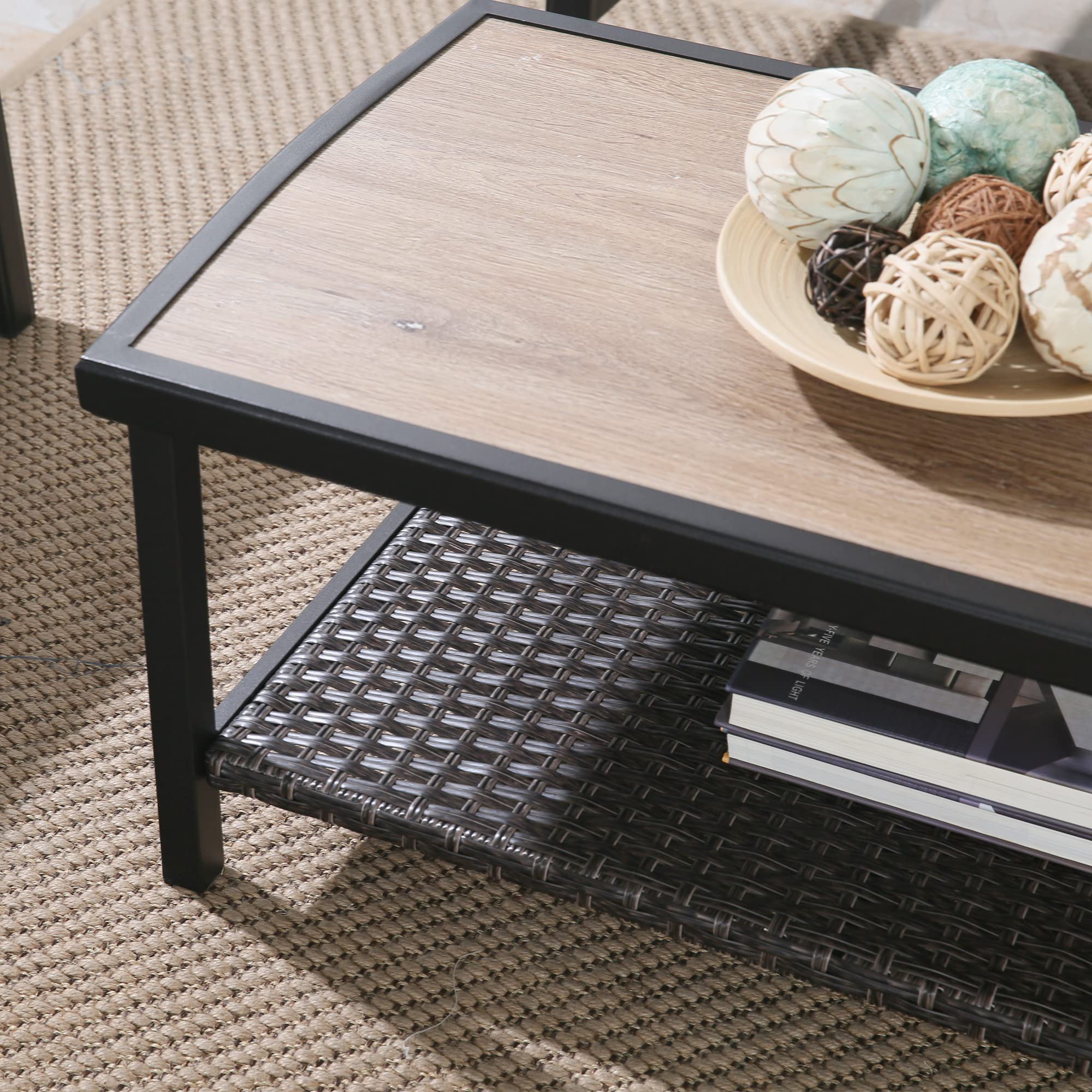 Black Steel Wicker Coffee Table for Patio - 37'' x 19'' Rectangular Outdoor Side Table with Storage Shelf | Perfect for Backyard, Garden, and Poolside Relaxation