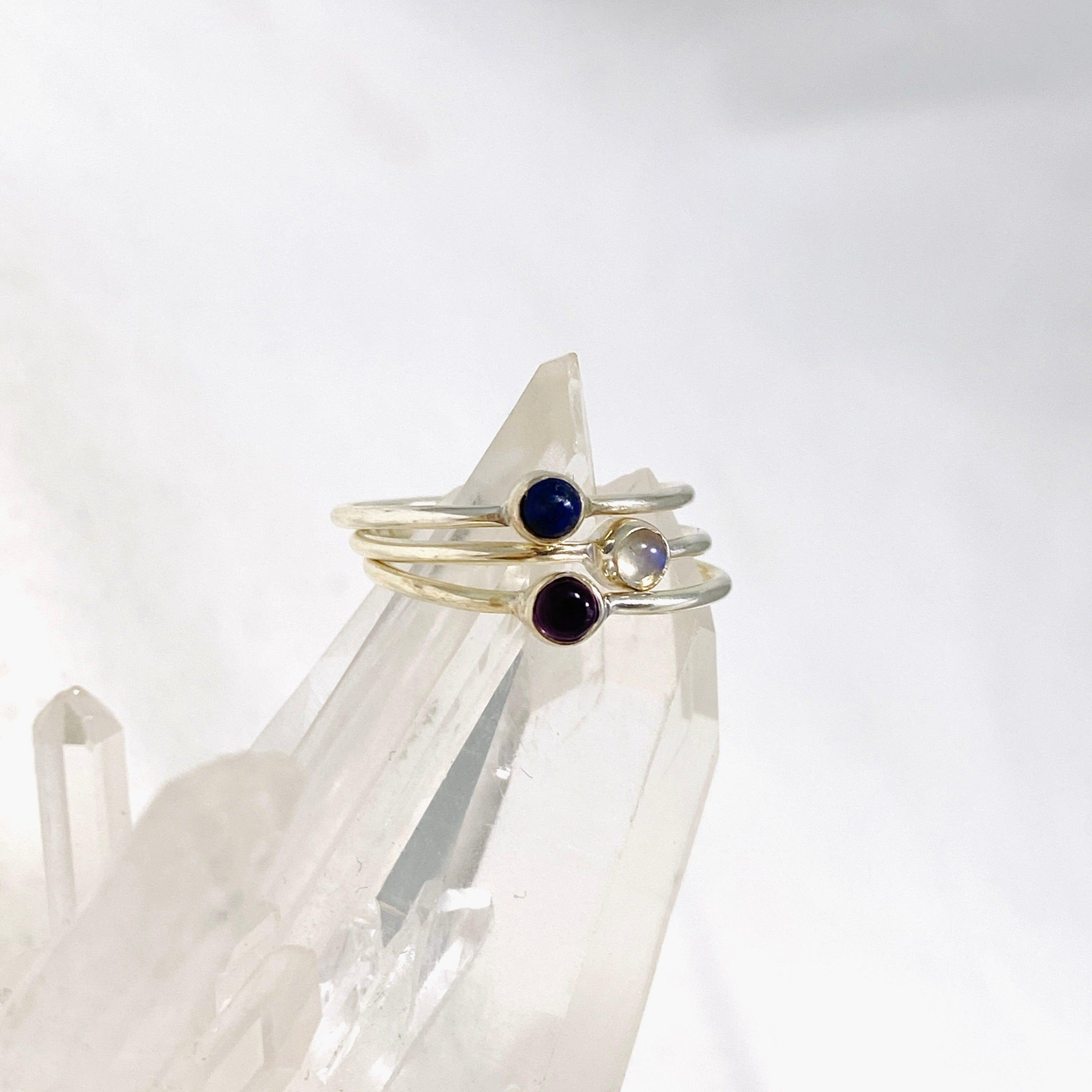 Amethyst Lapis Moonstone Round Band Ring Set of 3 - Elegant Stackable Rings for Women, Dainty Gemstone Jewelry Gift for Birthday, Anniversary & Everyday Wear