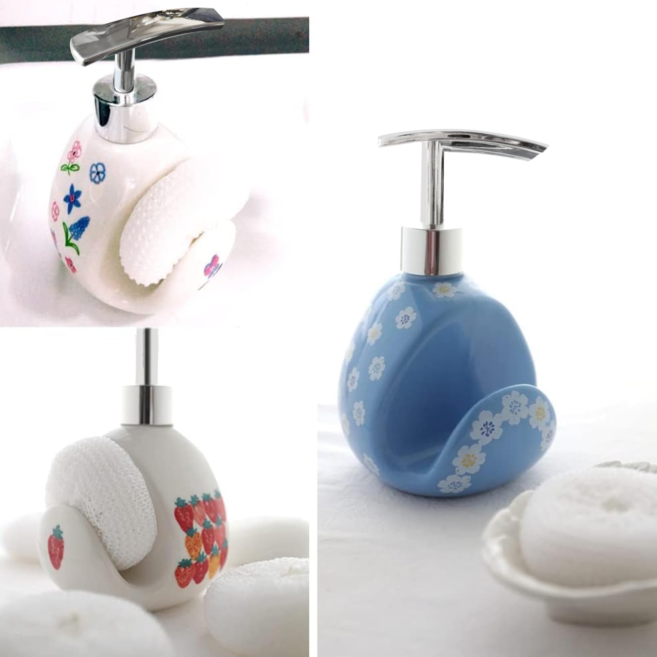 WAYUTO Ceramic Soap Dispenser with Sponge Holder - Elegant Liquid Hand Pump Bottle for Kitchen Sink & Bathroom Decor | Durable Laundry Sanitizer in Blue | Perfect for Home, Office, and Guest Bathroom Organization