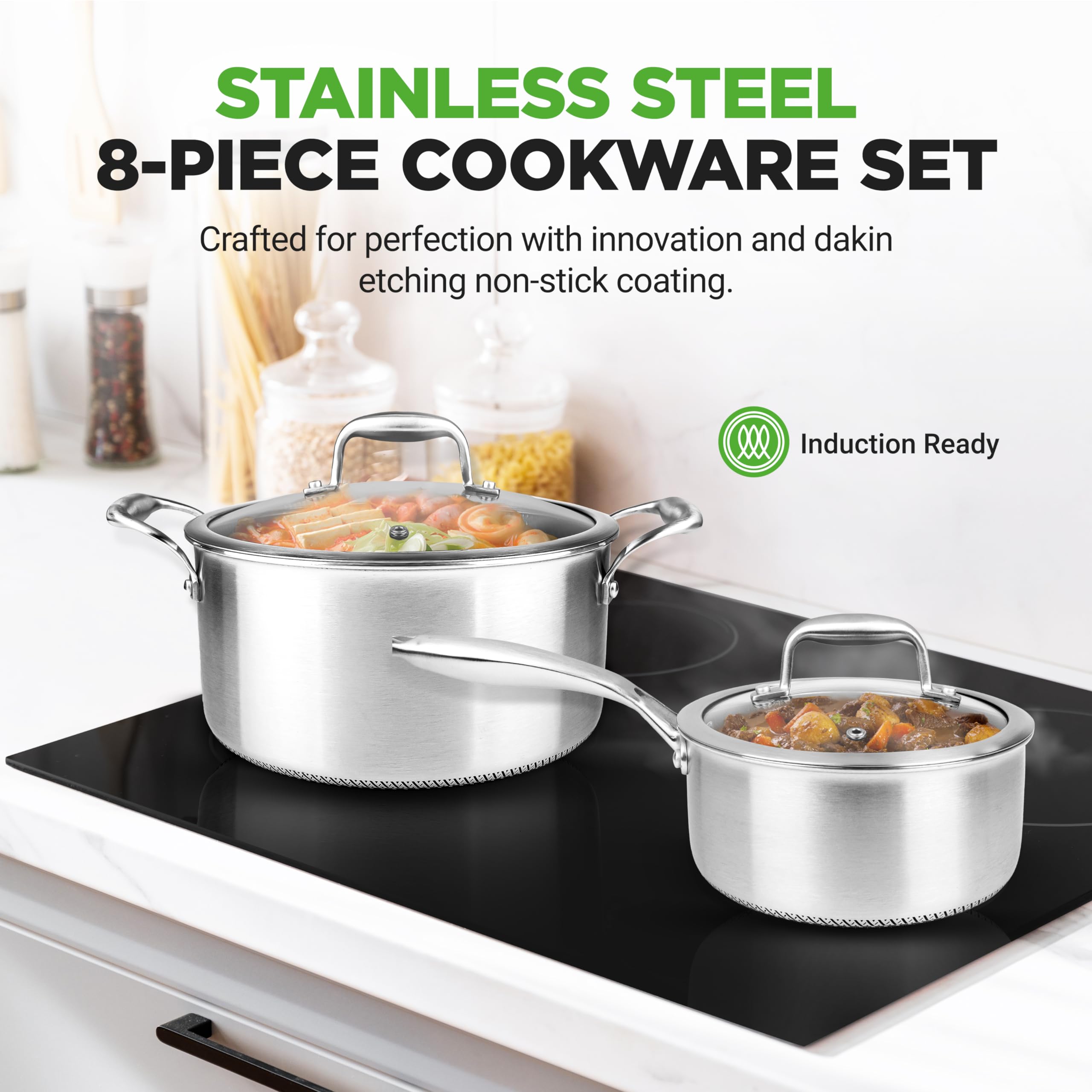NutriChef 8-Piece Tri-Ply Stainless Steel Cookware Set - Non-Stick Kitchen Pots & Pans with Lids - Includes Sauce Pot, Stew Pot, Frying Pan - Professional Grade Cookware for Home Chefs - Perfect for Boiling, Sautéing, Frying & Everyday Cooking