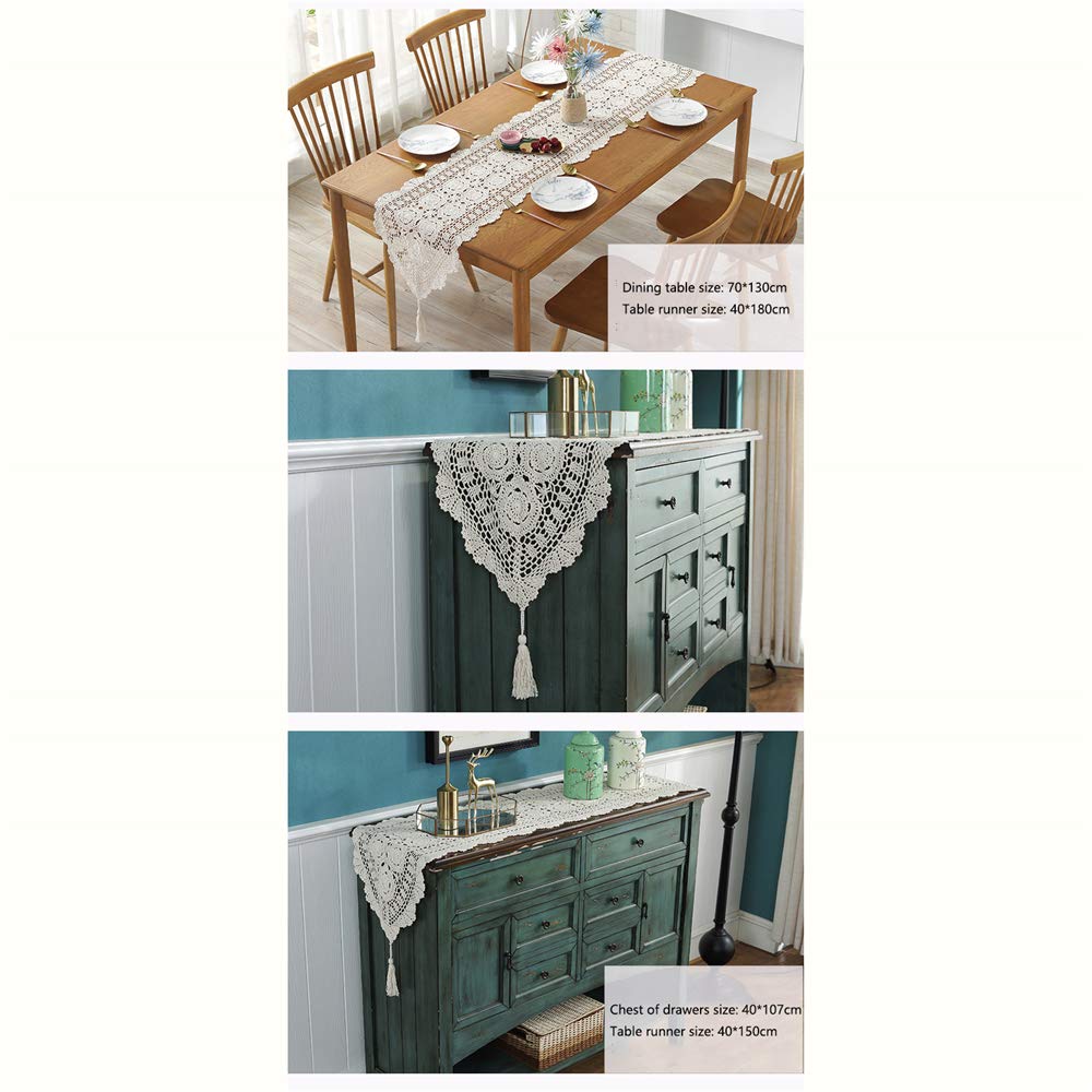 Handmade Hollow Woven Table Runner - American Country Retro Style Dining Table Decor with Pointed Fringe | Cotton TV Cabinet & Coffee Table Dustproof Cloth | Perfect for Farmhouse, Rustic & Boho Home Decor