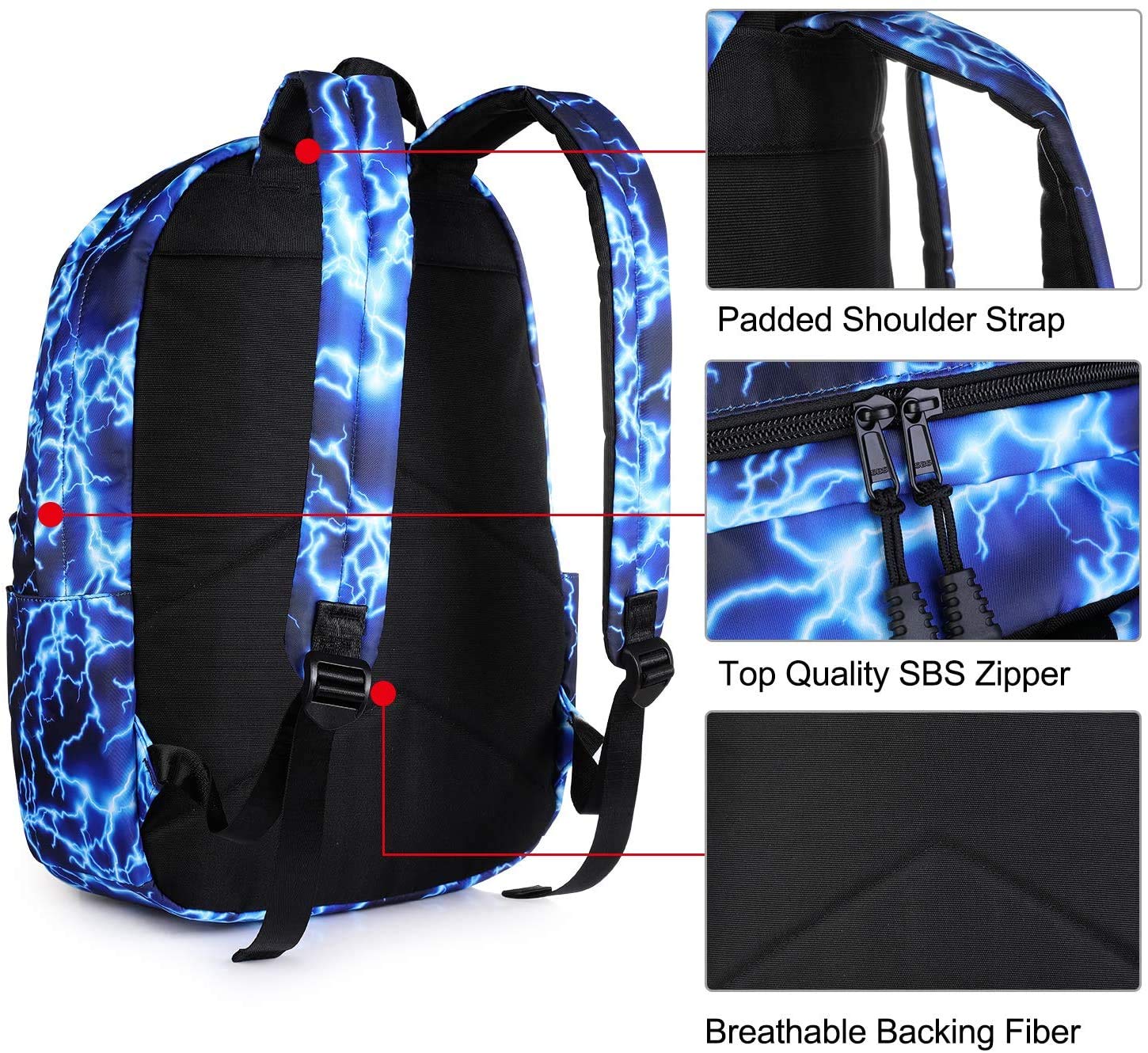 Ecohaso 15.6 Inch Stylish Starry Lightning Backpack - Waterproof Travel Rucksack for Teens, School Bags for Boys & Girls, Durable Outdoor Hiking Camping Backpack (Blue) - Perfect for School, Travel & Weekend Adventures