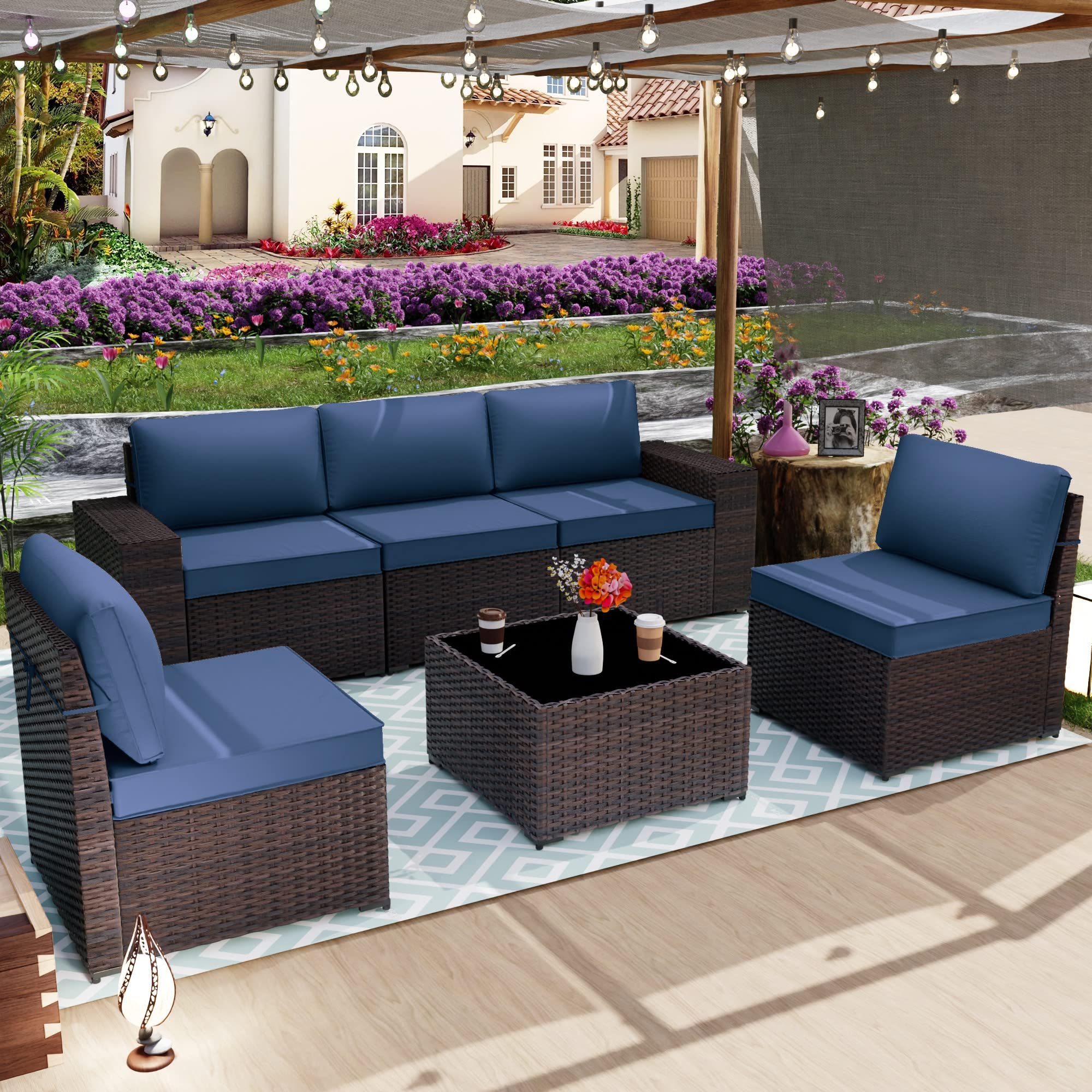 ALAULM 6-Piece Patio Furniture Set - All-Weather PE Rattan Wicker Outdoor Sectional Sofa with 5 Navy Blue Cushions & Coffee Table - Perfect for Backyard, Garden, Poolside & Deck Relaxation