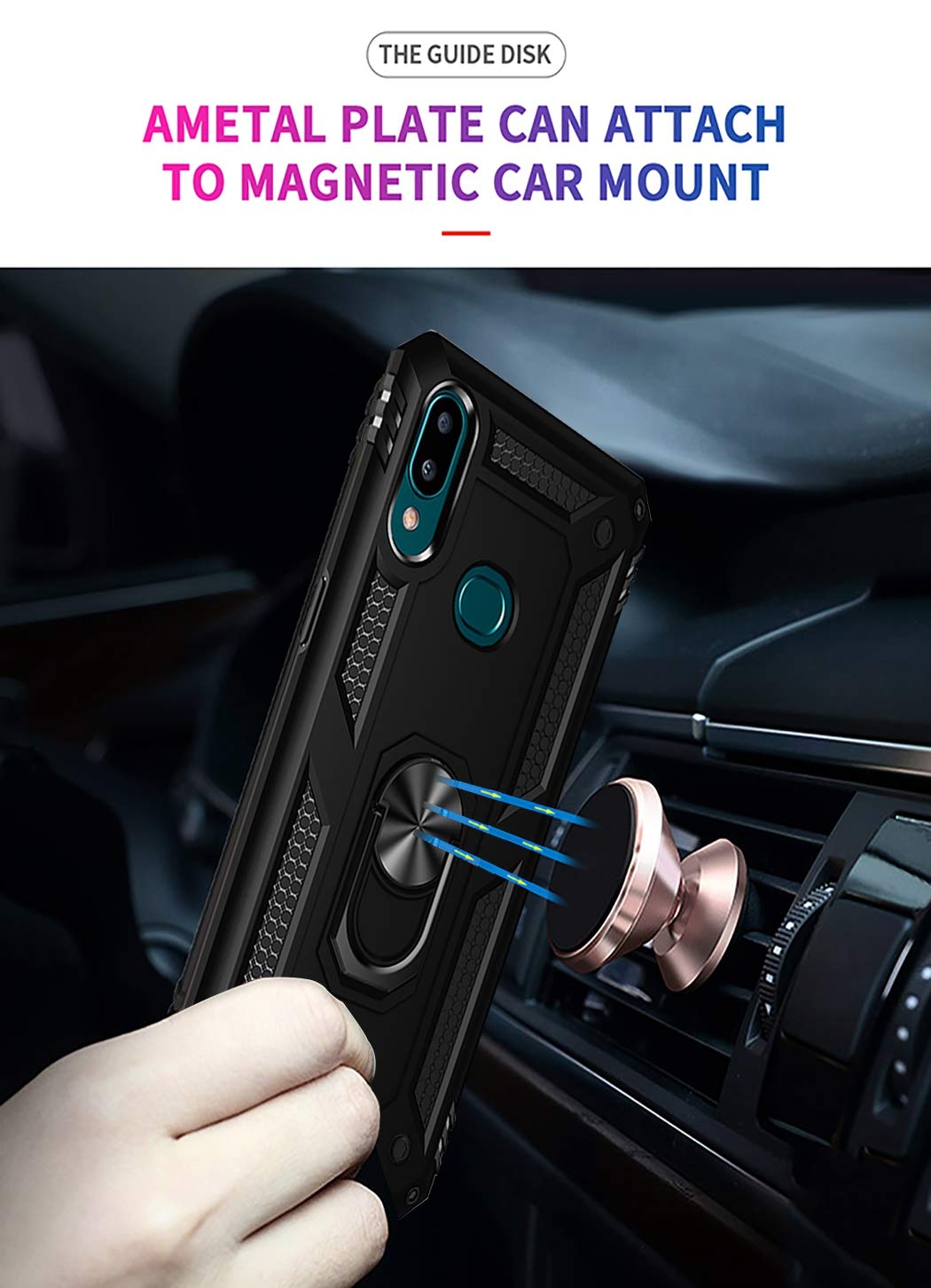 Military Grade Protective Case for Samsung Galaxy A10S with Magnetic Car Mount & Kickstand - Shockproof Defender Cover for Everyday Use, Commuting, and Hands-Free Driving (Black)