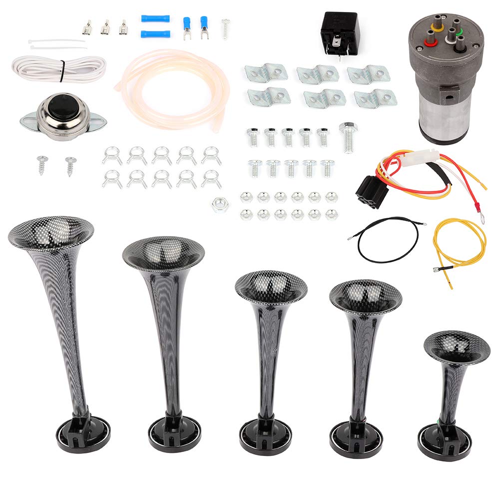 5 Trumpet Electric Air Horn with Compressor - 12V Loud Train Sound for Trucks, Cars, SUVs & Boats - Heavy Duty Vehicle Replacement Horn - Black (Perfect for Emergency Alerts & Off-Road Adventures)