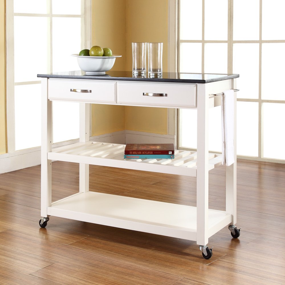 Crosley White Granite Top Kitchen Prep Rolling Cart with Shelves - Microwave Stand, Coffee Bar, Storage Organizer for Small Spaces, Home, Office & Dorm Use