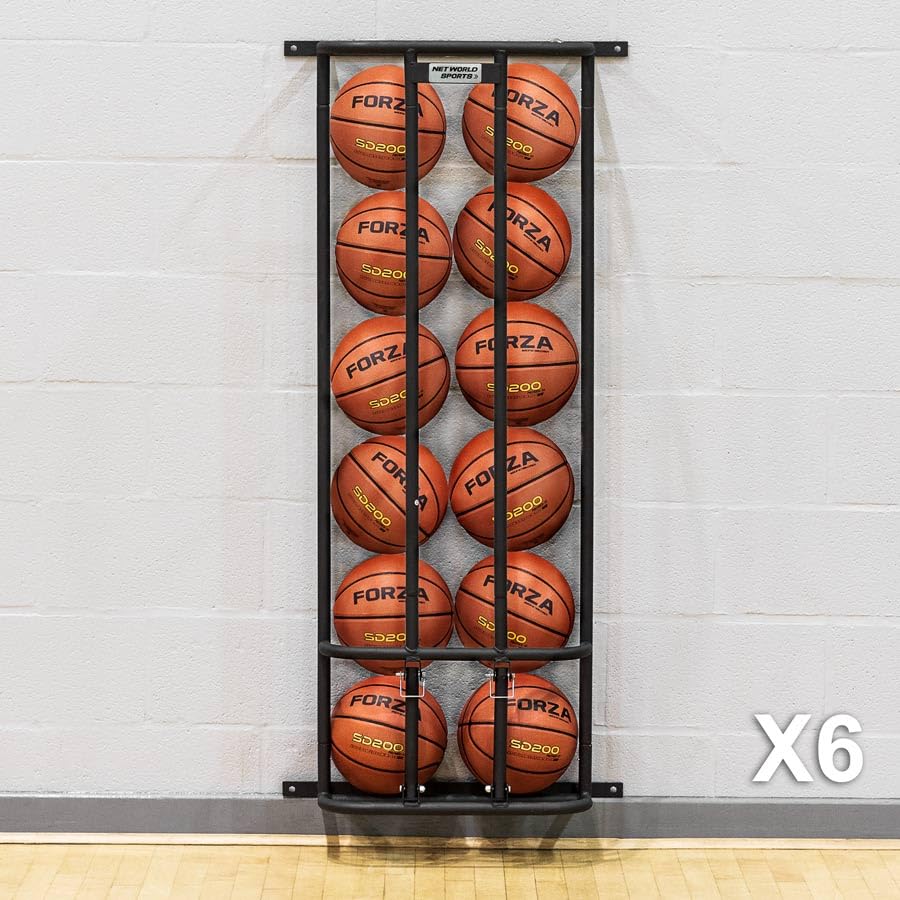 FORZA Wall Mounted Sports Ball Holder - Vertical Basketball & Soccer Ball Storage Rack for Garage (6 Ball Capacity) - Perfect for Organizing Sports Equipment in Home Gym, Playroom or Garage