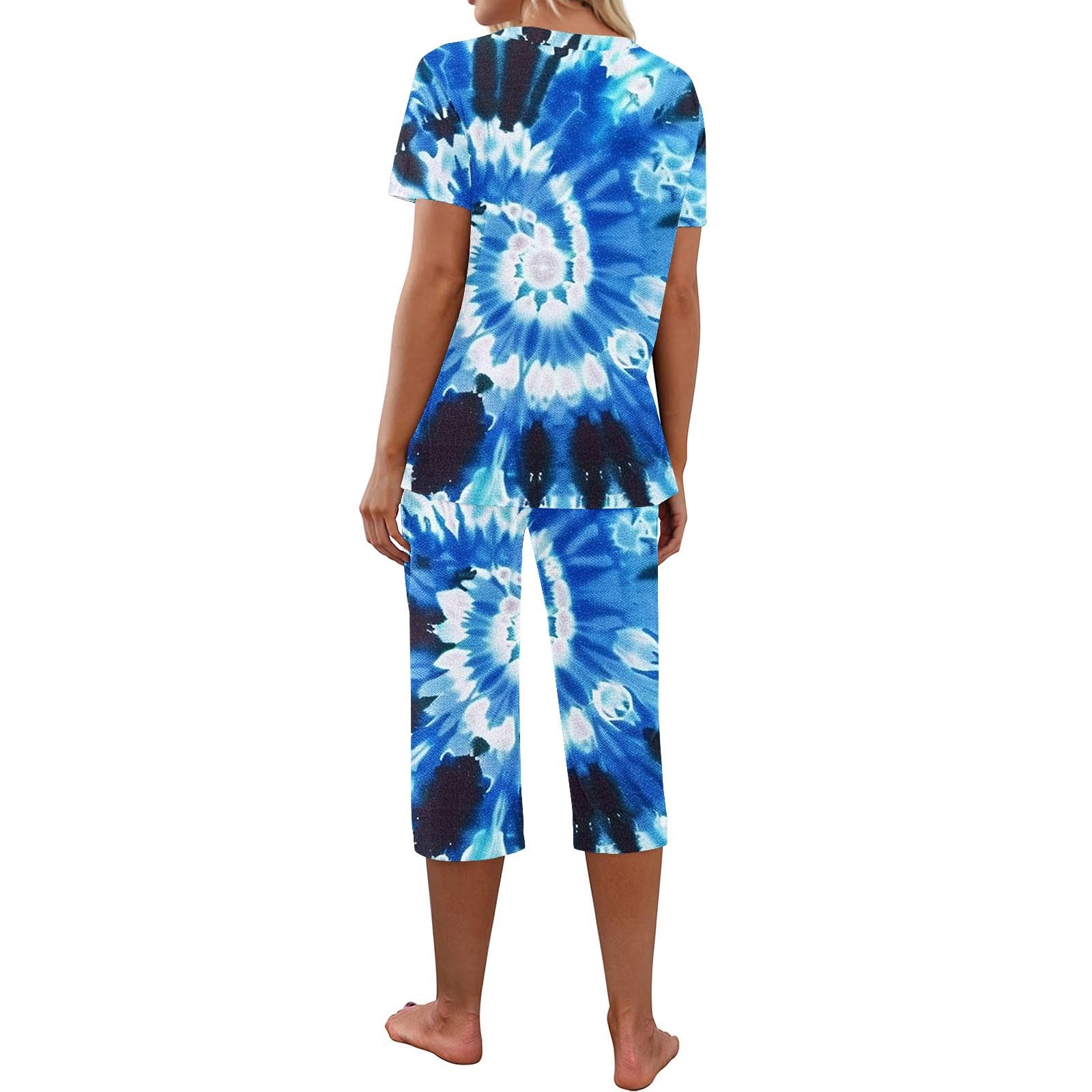 Women's Boho Lounge Sets - Tie Dye Short Sleeve Sleepshirt & Capri Pants 2-Piece Pajama Set with Pockets | Comfortable Sleepwear for Relaxing at Home, Travel & Lounging