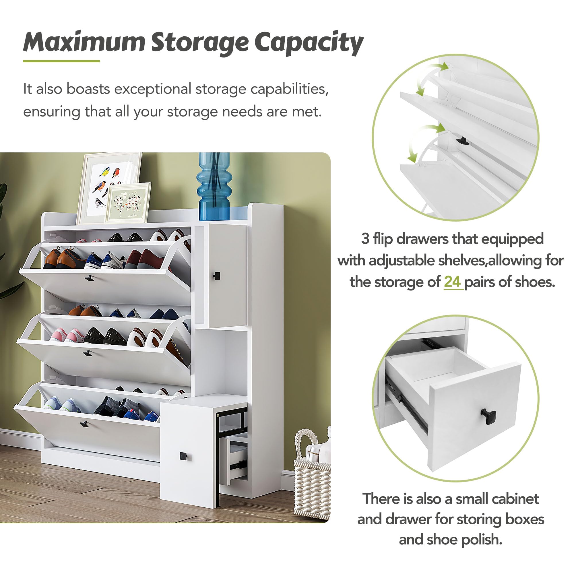 3-Tier Flip-Drawer Shoe Storage Cabinet with Bench - Freestanding Entryway Shoe Organizer for Hallway, Living Room & Apartment - Perfect for Small Spaces & Clutter-Free Home (White)