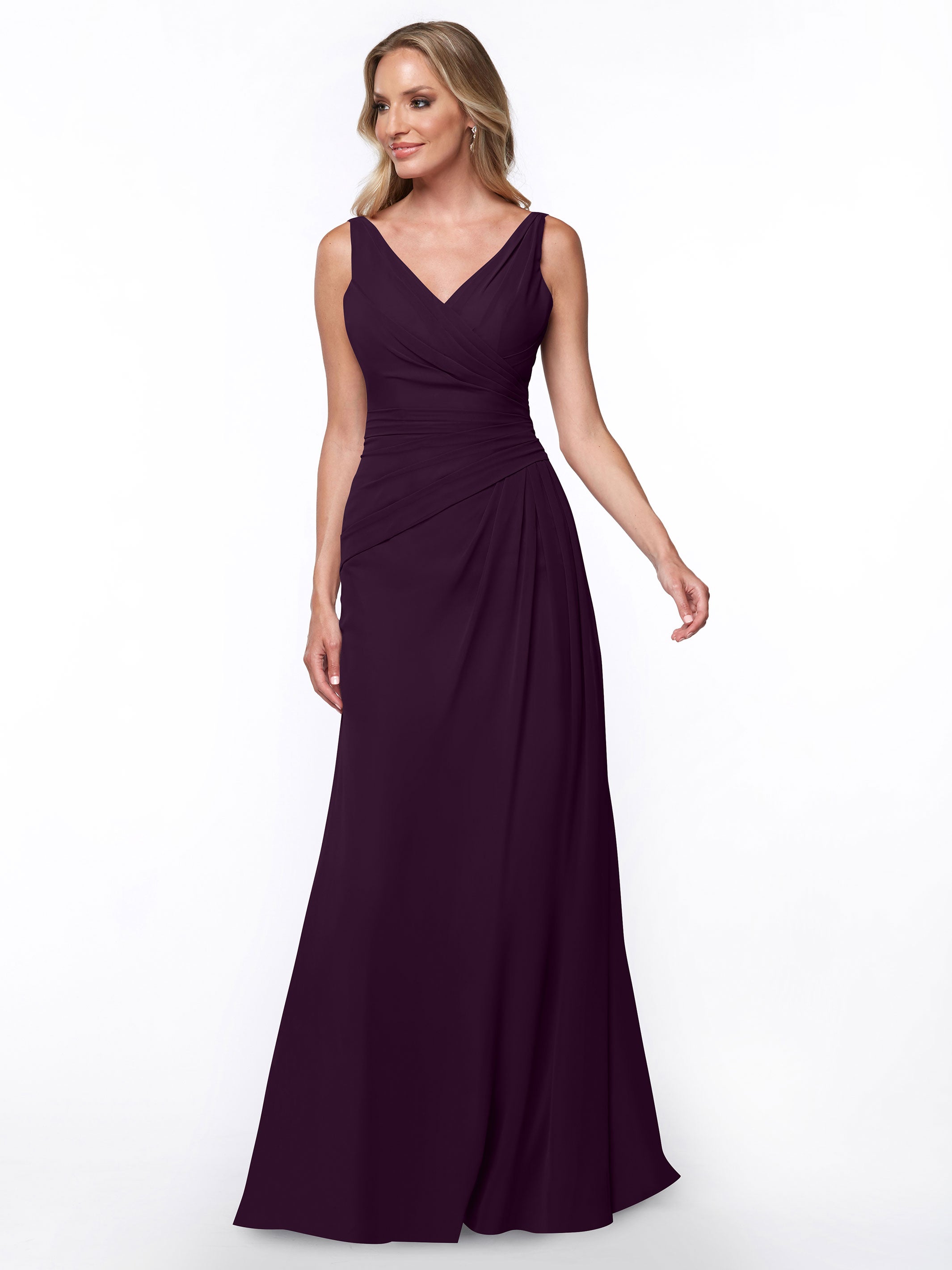 Elegant 80030 Chiffon Sheath Bridesmaid Dress with Ruching V-Neck Bodice - Perfect for Weddings, Formal Events & Special Occasions