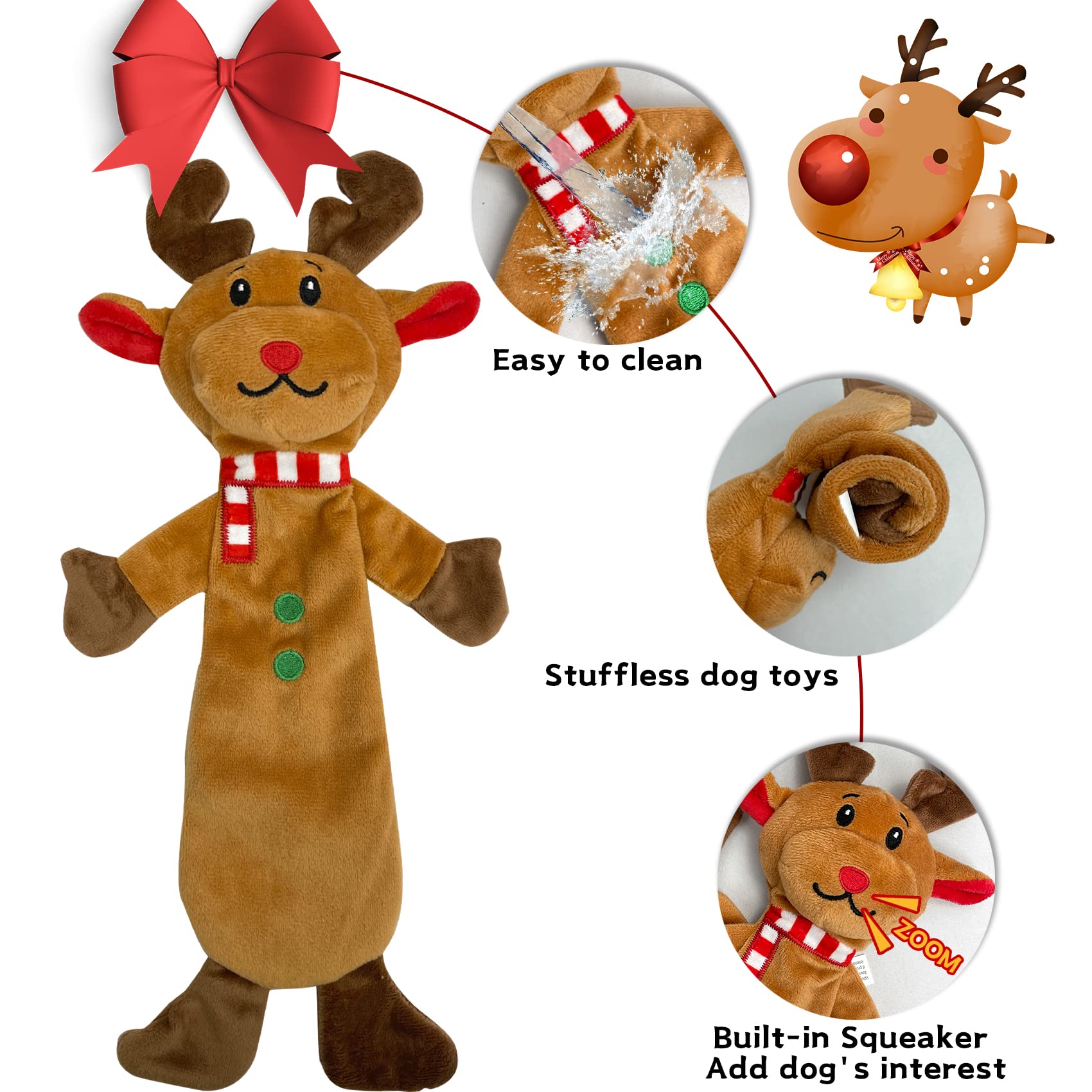 MISS FANTASY Christmas Dog Toys - 4 Pack Stuffless Rope Chew Toys for Aggressive Chewers, Durable Plush Puppy Toys with Squeaker for Large Medium Small Dogs | Holiday Gift for Pets, Interactive Play & Teething Relief