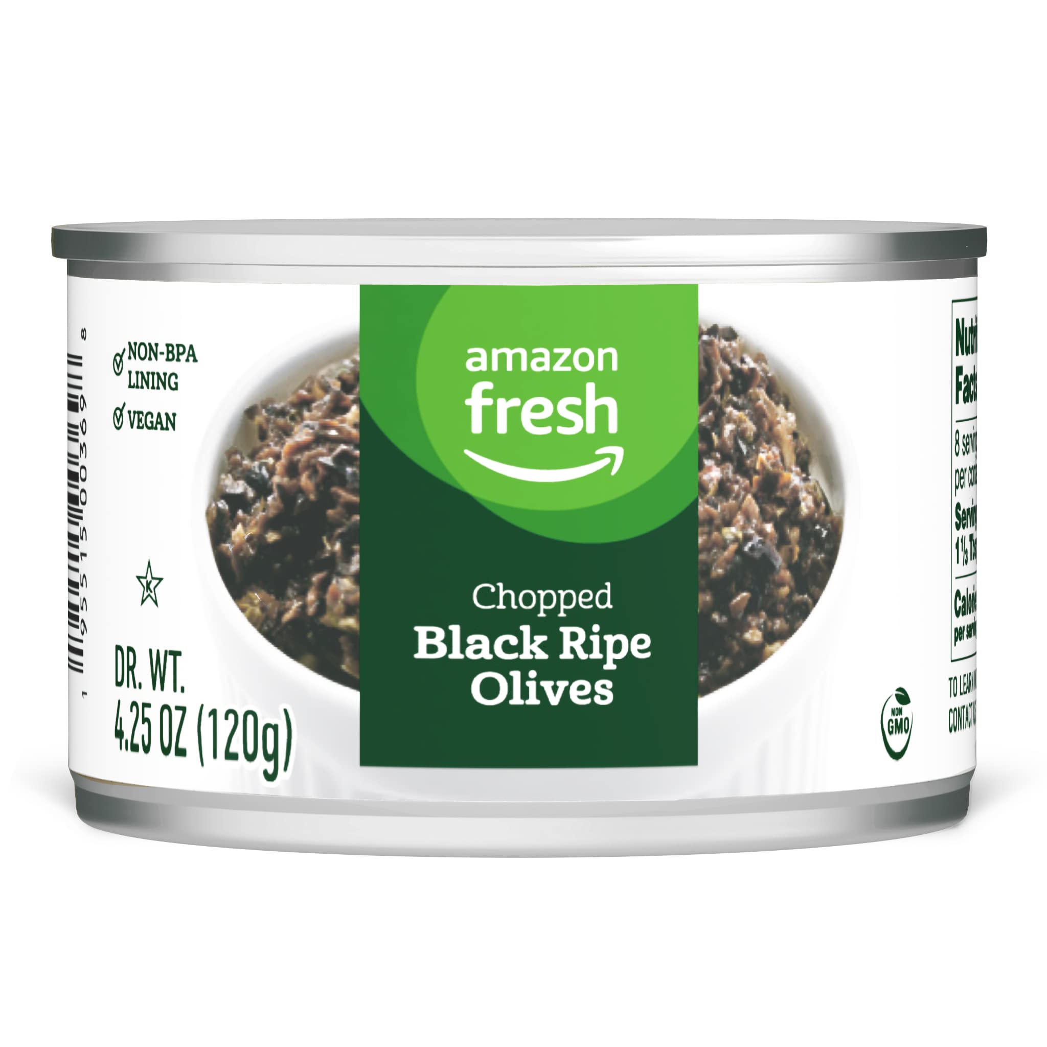 Amazon Fresh Chopped Black Olives, 4.25 Oz (120g) - Premium Quality Pitted & Sliced Olives for Salads, Pizzas, Pasta & Mediterranean Recipes