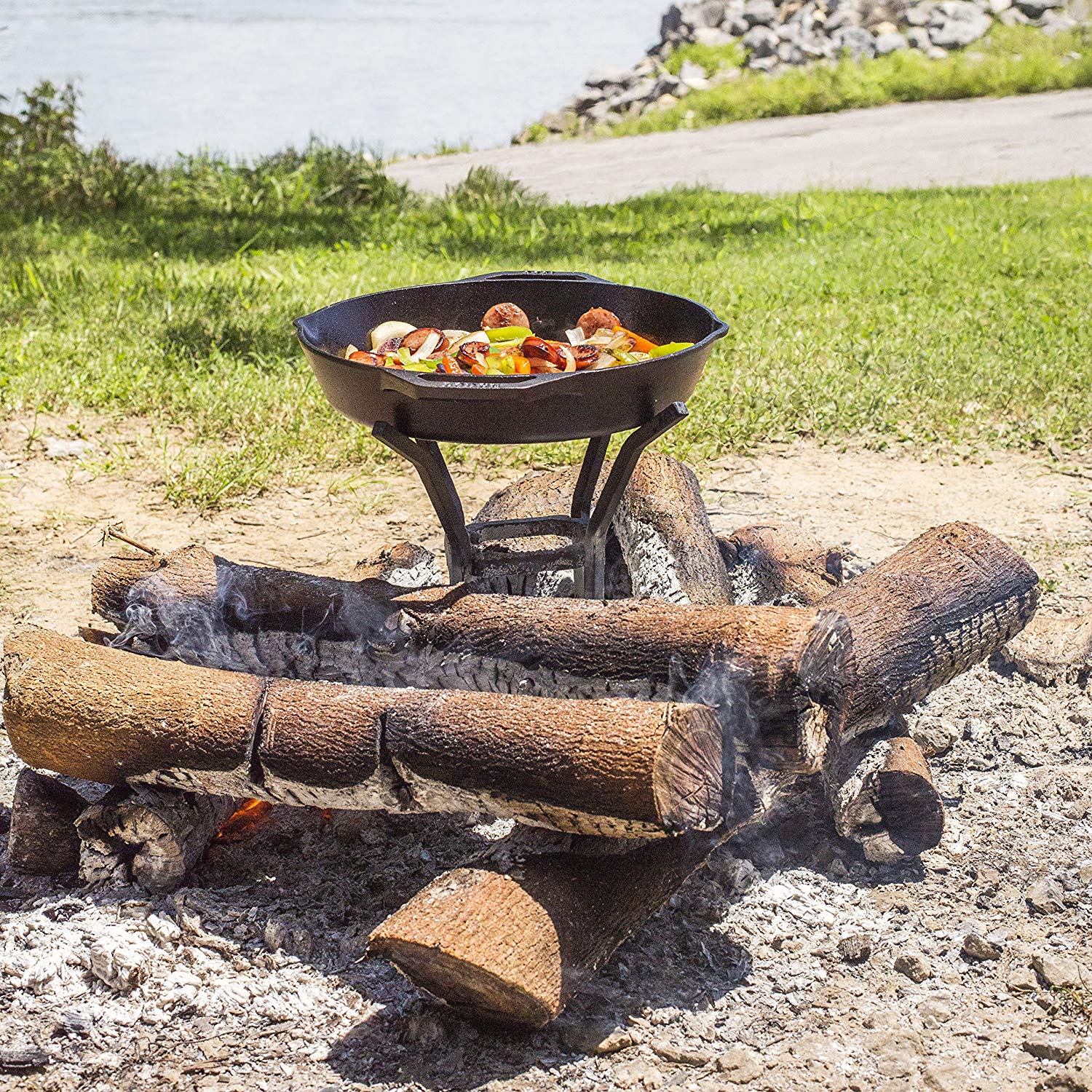 Lodge A5 8 318943 Cast Iron Fire and Cook Stand – 8 Inch Black Outdoor Cooking Grill for Camping, Backyard BBQ & Picnics (Free Shipping)