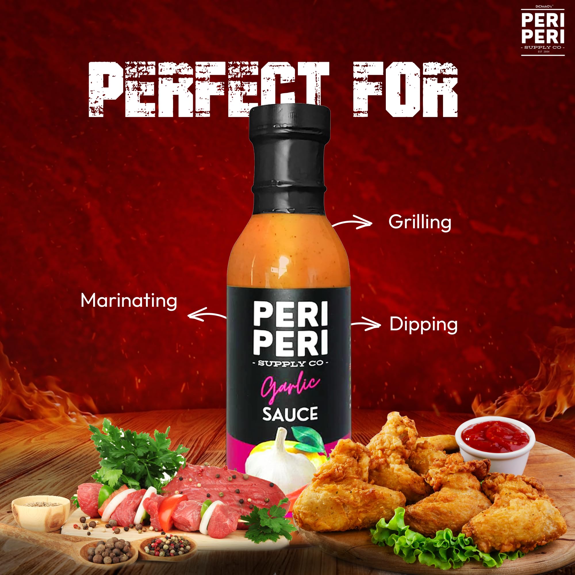 DiChickO's Peri-Peri Garlic Hot Sauce - 12 fl oz Vegan Piri Piri Sauce Bottle - Tangy African Chili Sauce for Chicken Wings, Grilled Meats, French Fries & Seafood - Made in USA - Perfect for BBQ, Parties & Home Cooking