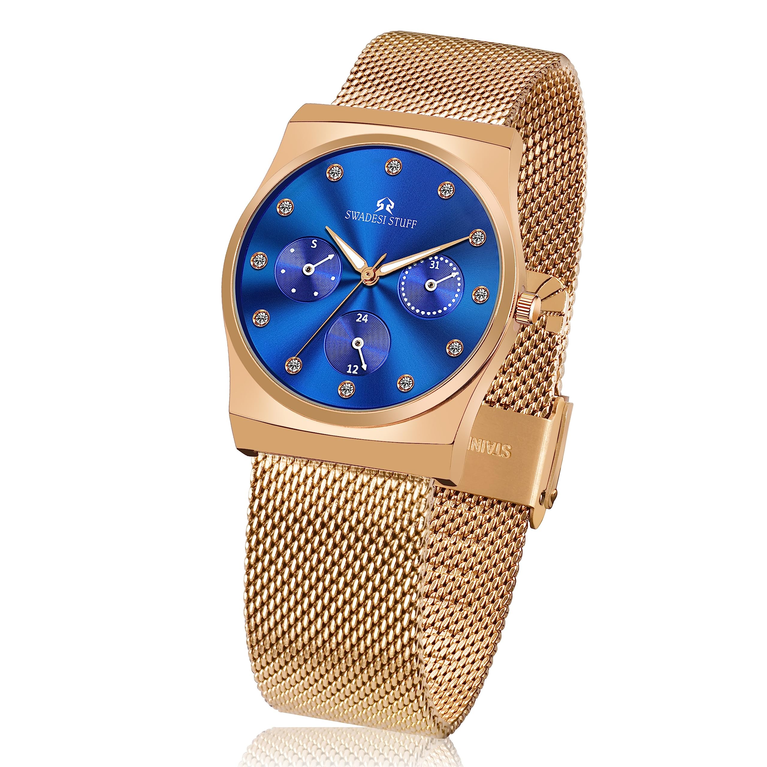 SWADESI STUFF Women's Rose Gold Stainless Steel Analog Chronograph Watch - Luxury Troika Dial Design for Everyday Wear, Office & Special Occasions