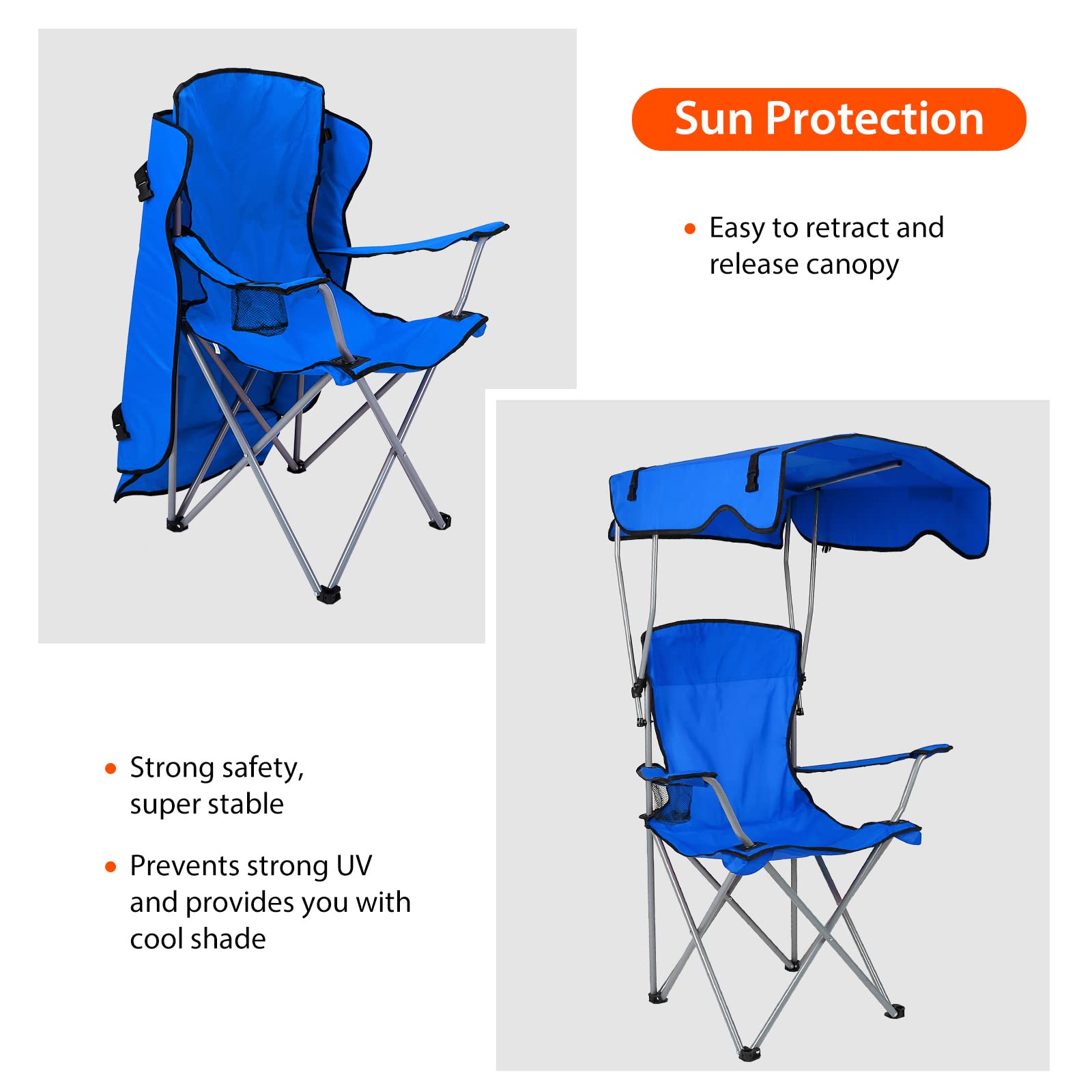 Foldable Beach Canopy Chair with Sun Shade - Heavy Duty Camping Chair for Outdoor Use, Portable Lawn Chair with Cup Holder - Perfect for Beach, Park, Patio, Backyard & Picnic (Blue)