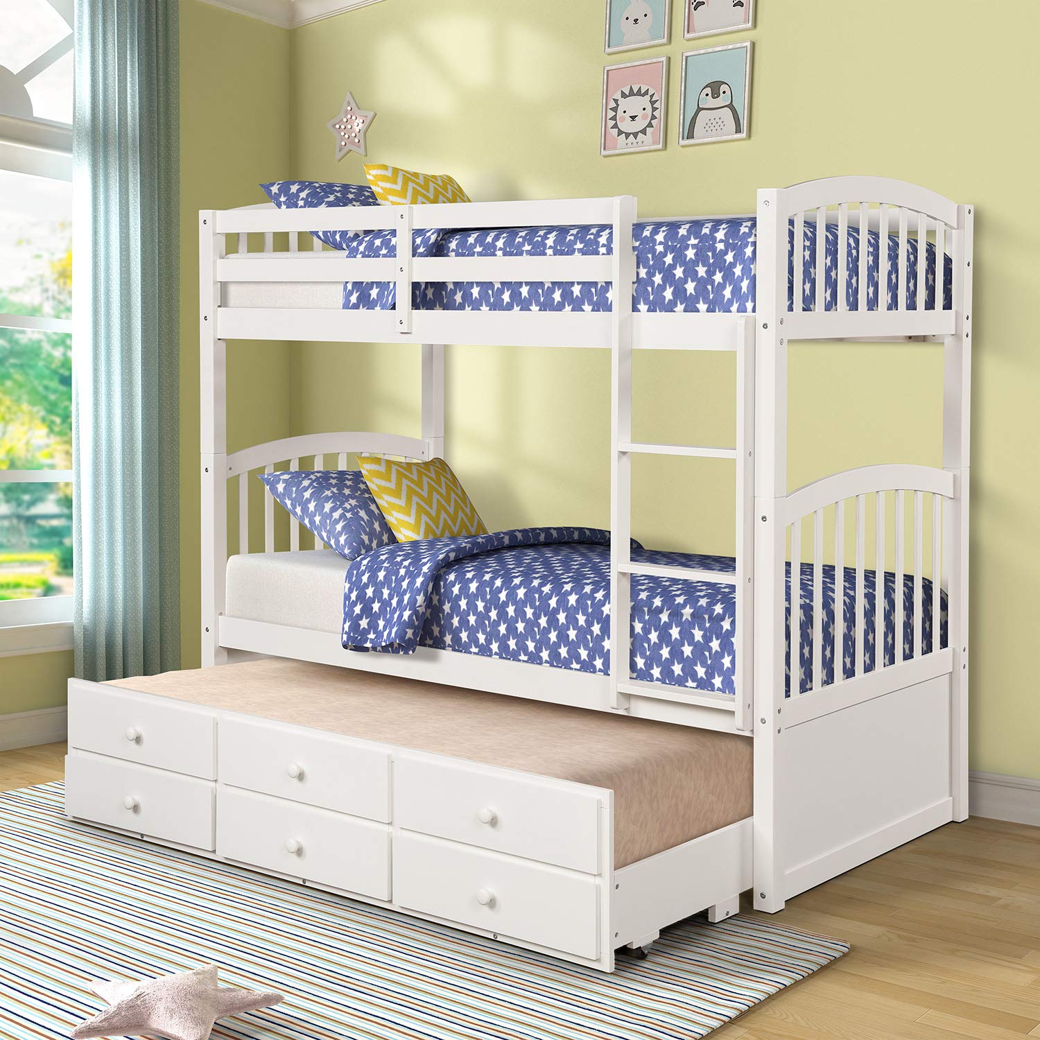 Twin Bunk Bed with Trundle & Storage - Convertible to 2 Beds - Kids Bedroom Furniture (White)