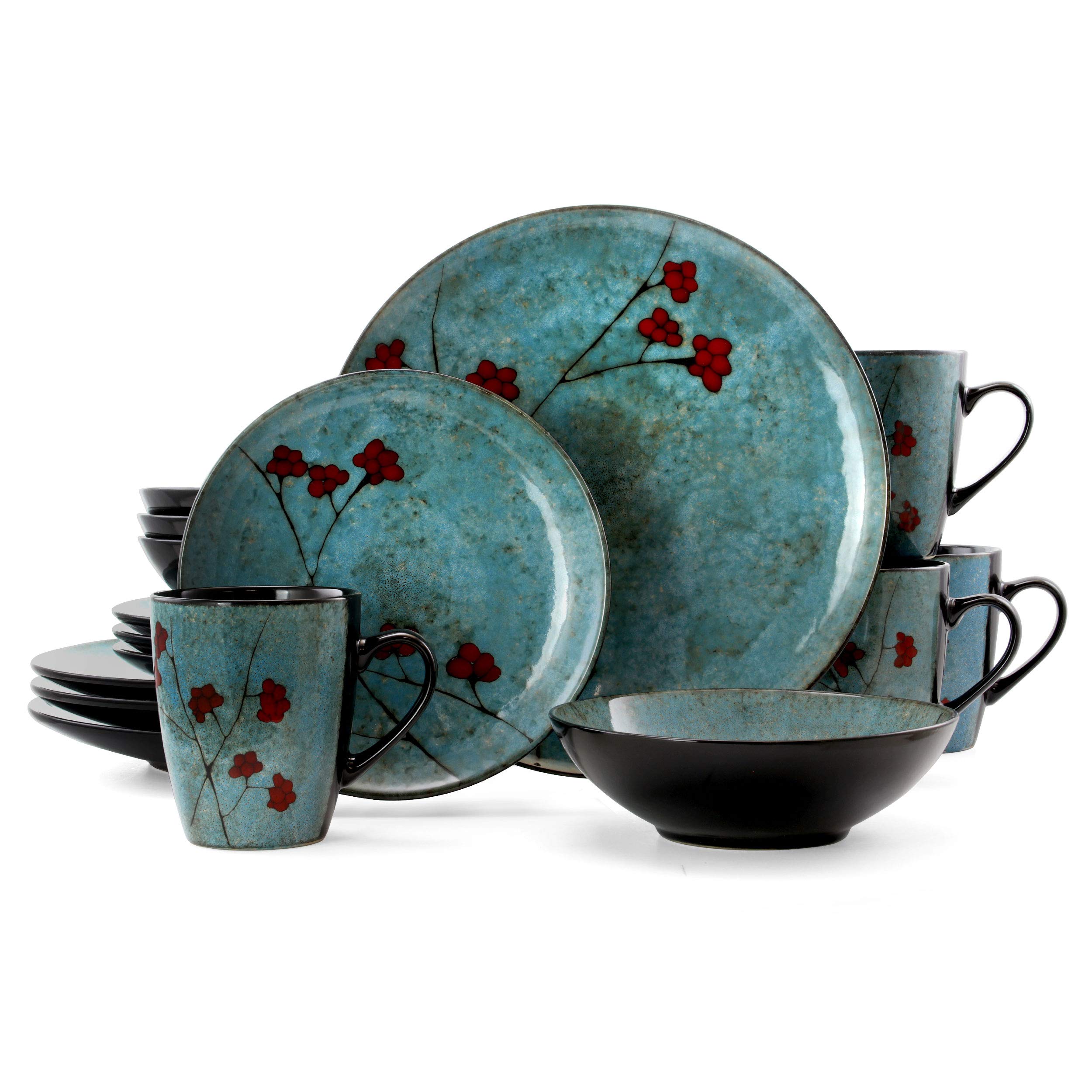 Elama 16-Piece Round Stoneware Dinnerware Set - Floral Design with Blue & Red Accents for Everyday Dining & Special Occasions