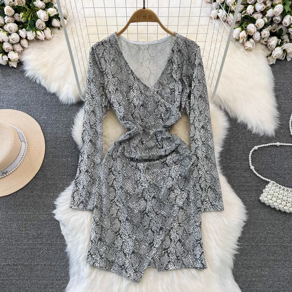 Elegant Long Sleeve V-Neck Sequined Snake Print Dress for Women | Fall & Autumn Party Wear | Perfect for Cocktail Parties, Date Nights & Holiday Events
