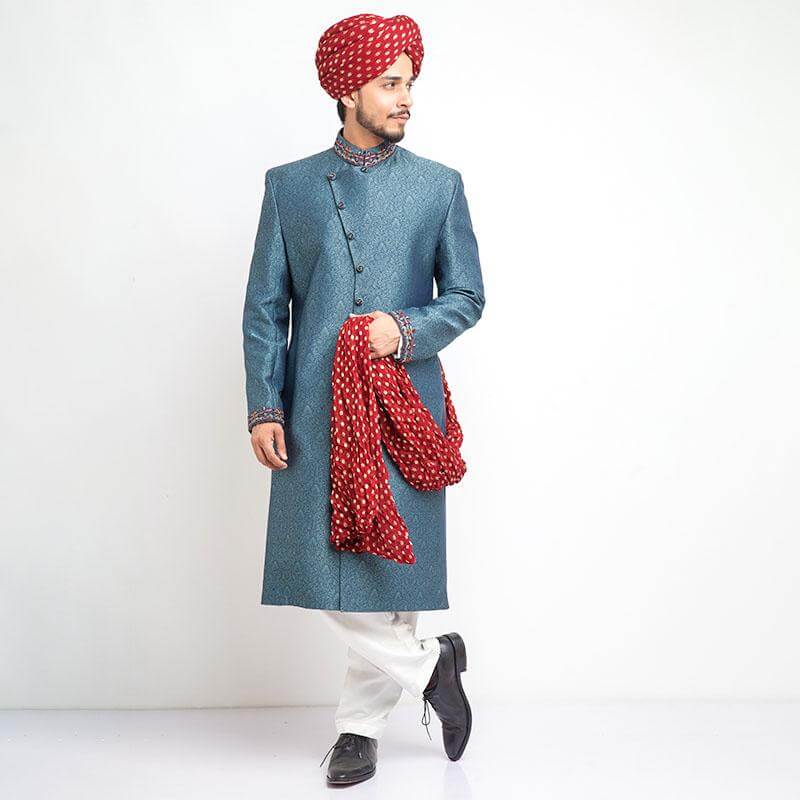 Black and Peppermint Brocade Silk Sherwani for Men | Elegant Indian Wedding Attire | Perfect for Grooms, Festivals & Special Occasions