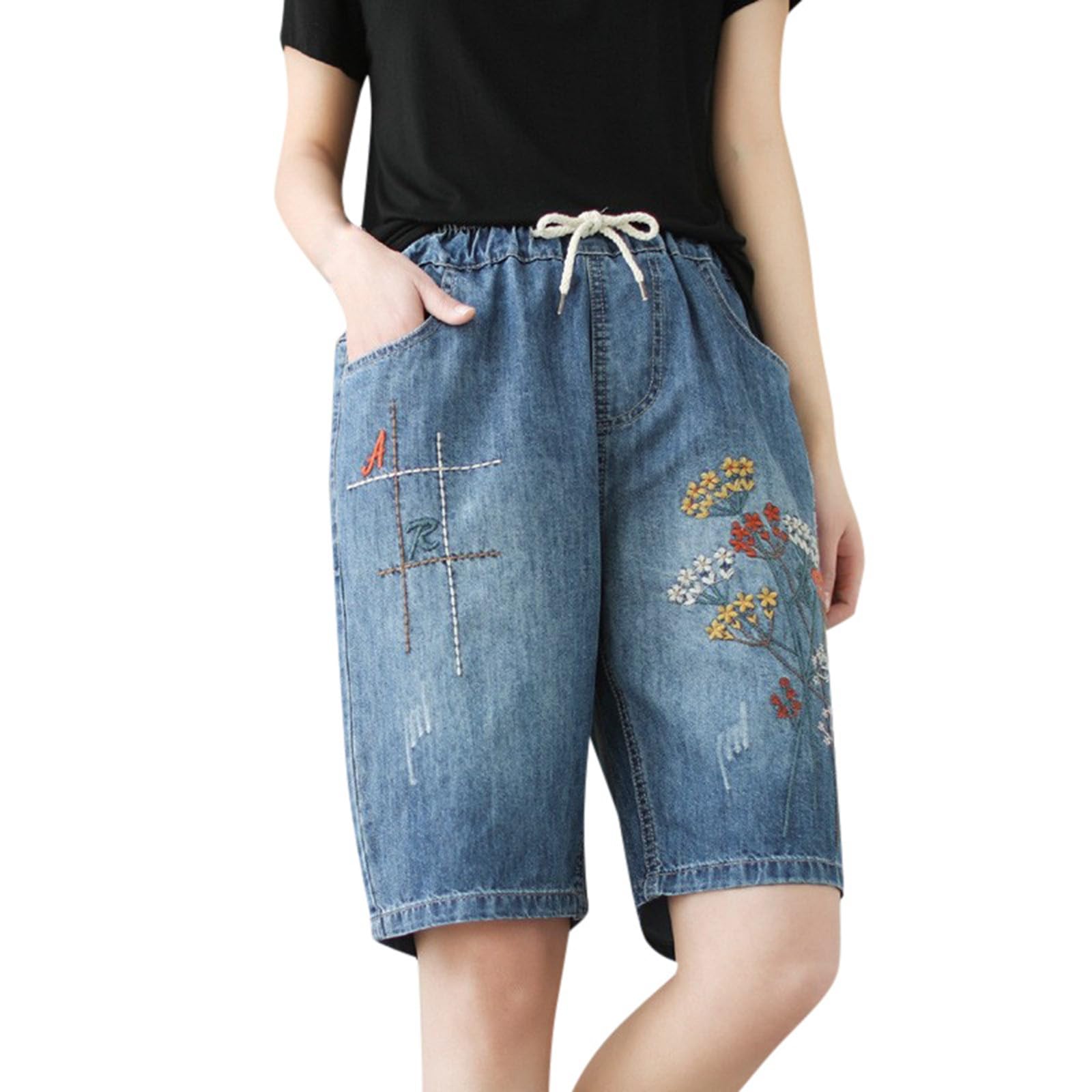 Women's Relaxed Fit Jean Shorts - High Rise Boyfriend Denim Shorts with Embroidered Details | Y2K Retro Style for Summer 2024 | Perfect for Casual Outings, Beach Trips & Music Festivals