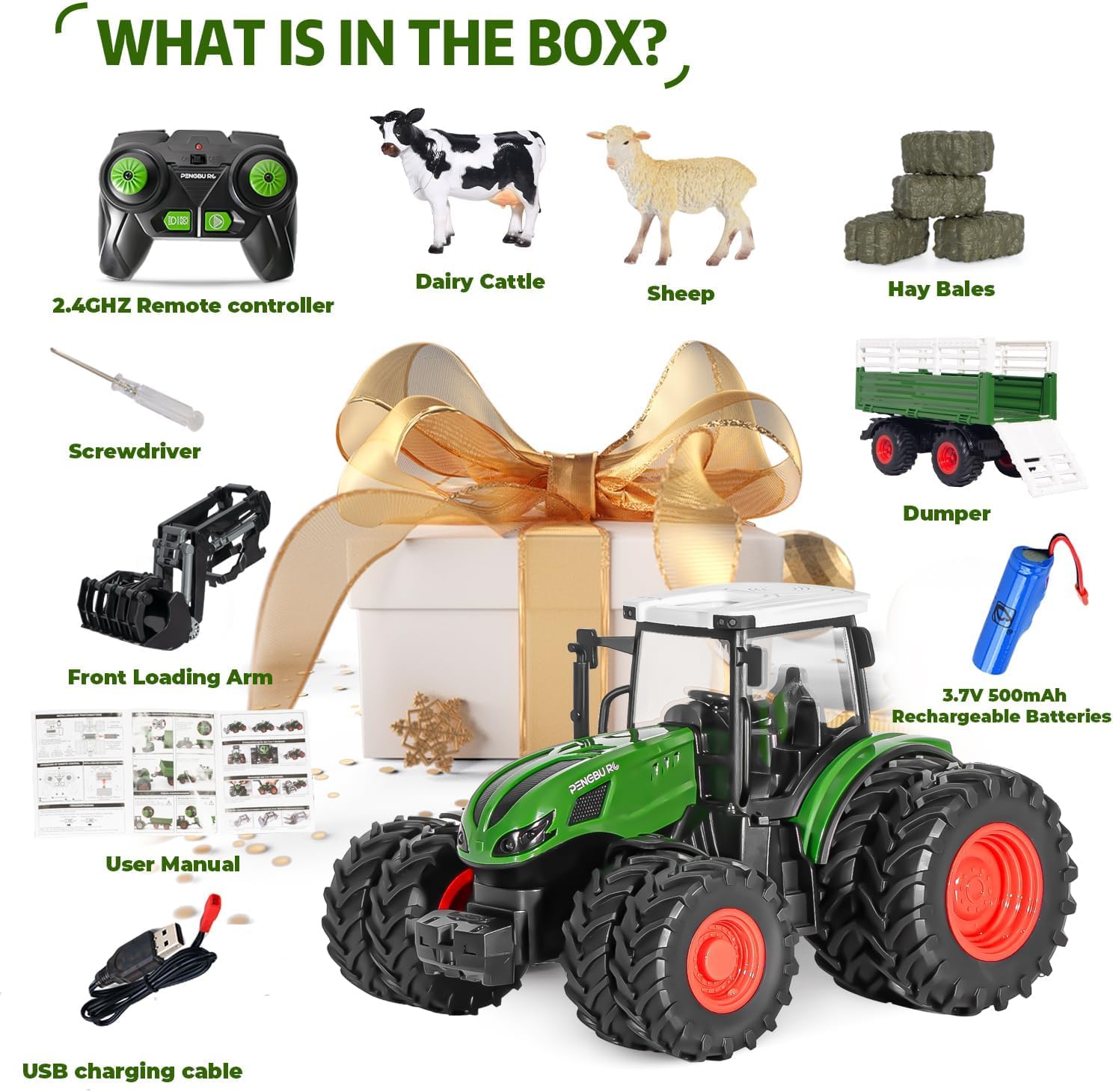 2.4GHz Remote Control Tractor Toy Set for Kids Ages 3-7 - Farm Vehicle with Trailer, Loading Arm & LED Lights - Includes Farm Animals (Cows, Sheep) & Hay Bales - Perfect for Indoor/Outdoor Play, Birthday Gifts & Educational Farm Role-Playing