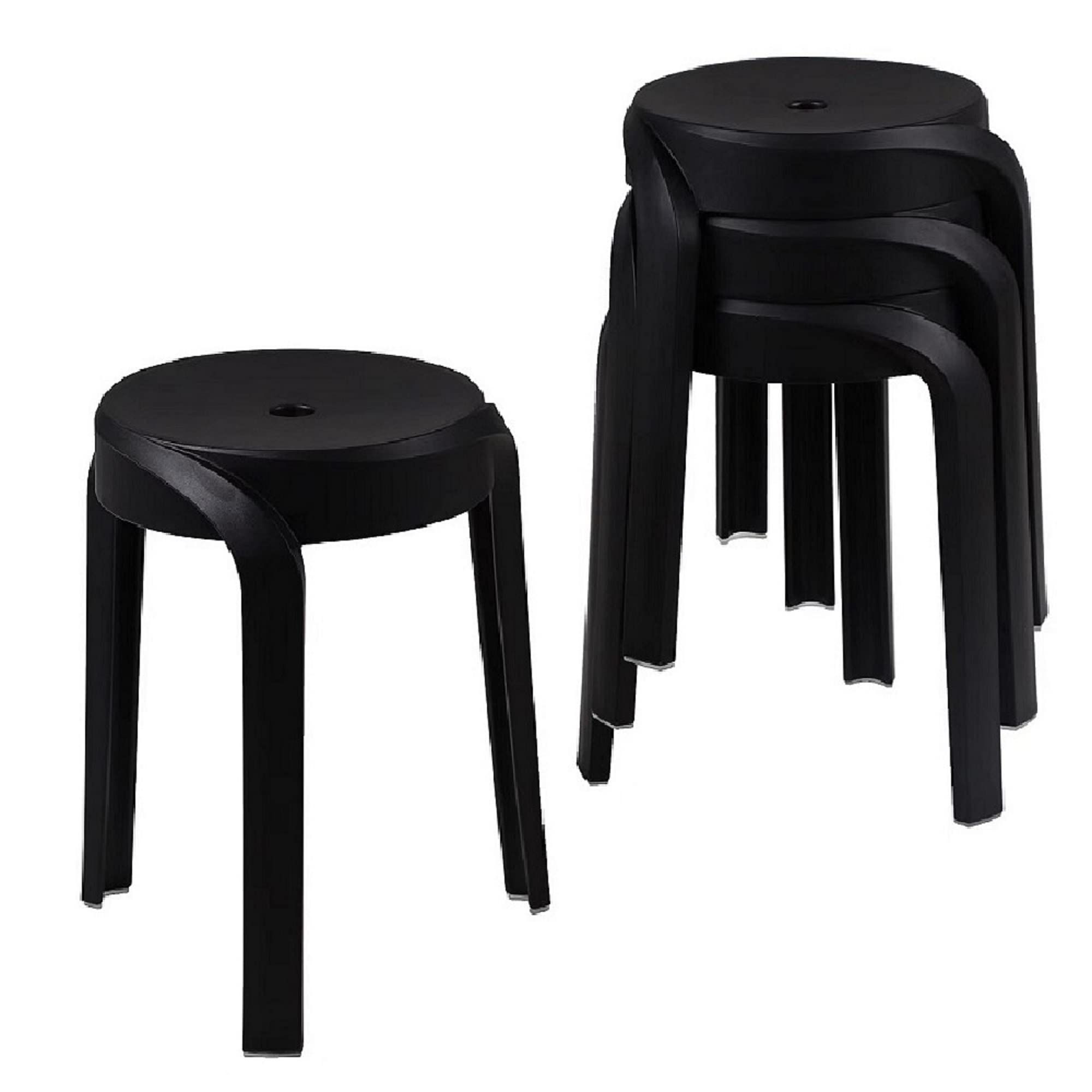 17.7 Inch Modern Plastic Stool Set of 4 - Round Stackable Chairs with Unique Whirl Design, Waterproof for Indoor & Outdoor Use - Perfect for Home, Office, Classroom, Shower, Patio, and Garden (Black)