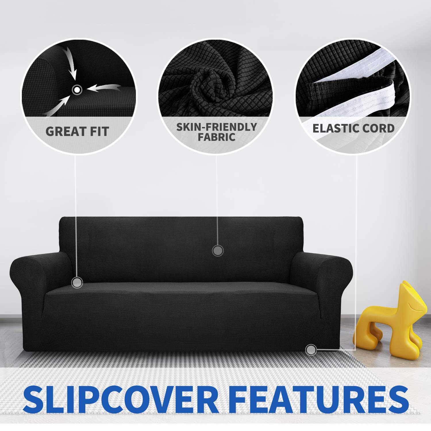 MAXIJIN Stretch Loveseat Sofa Slipcover - Washable, Non-Slip 2-Cushion Couch Cover - Pet Friendly Furniture Protector for Dogs & Cats - Perfect for Living Room, Apartment, Dorm (Black)