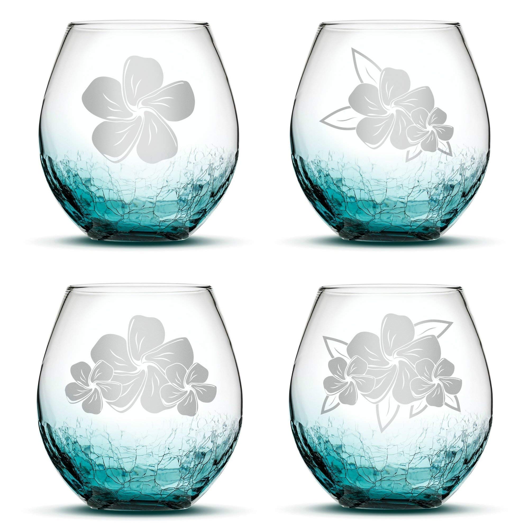 Premium Set of 4 Plumeria Stemless Wine Glasses - Hand Etched Crackle Teal Design, Sand Carved, Made in USA - Perfect for Wedding Gifts, Housewarming Parties & Elegant Dinner Entertaining