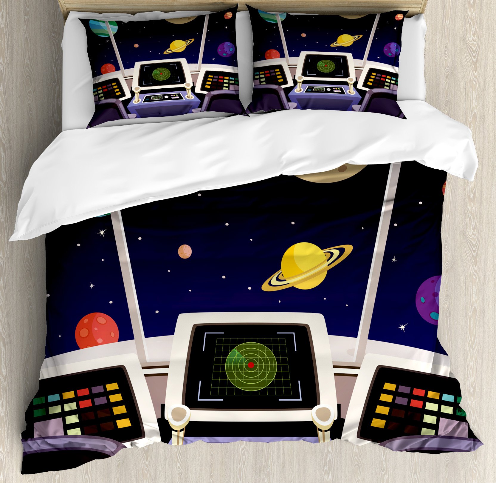 Lunarable Space Themed Duvet Cover Set - King Size 3-Piece Bedding with 2 Pillow Shams | Futuristic Spaceship Cabin Design with Planets & Stars | Multicolor Cartoon Space Backdrop for Kids & Adults Bedroom Decor