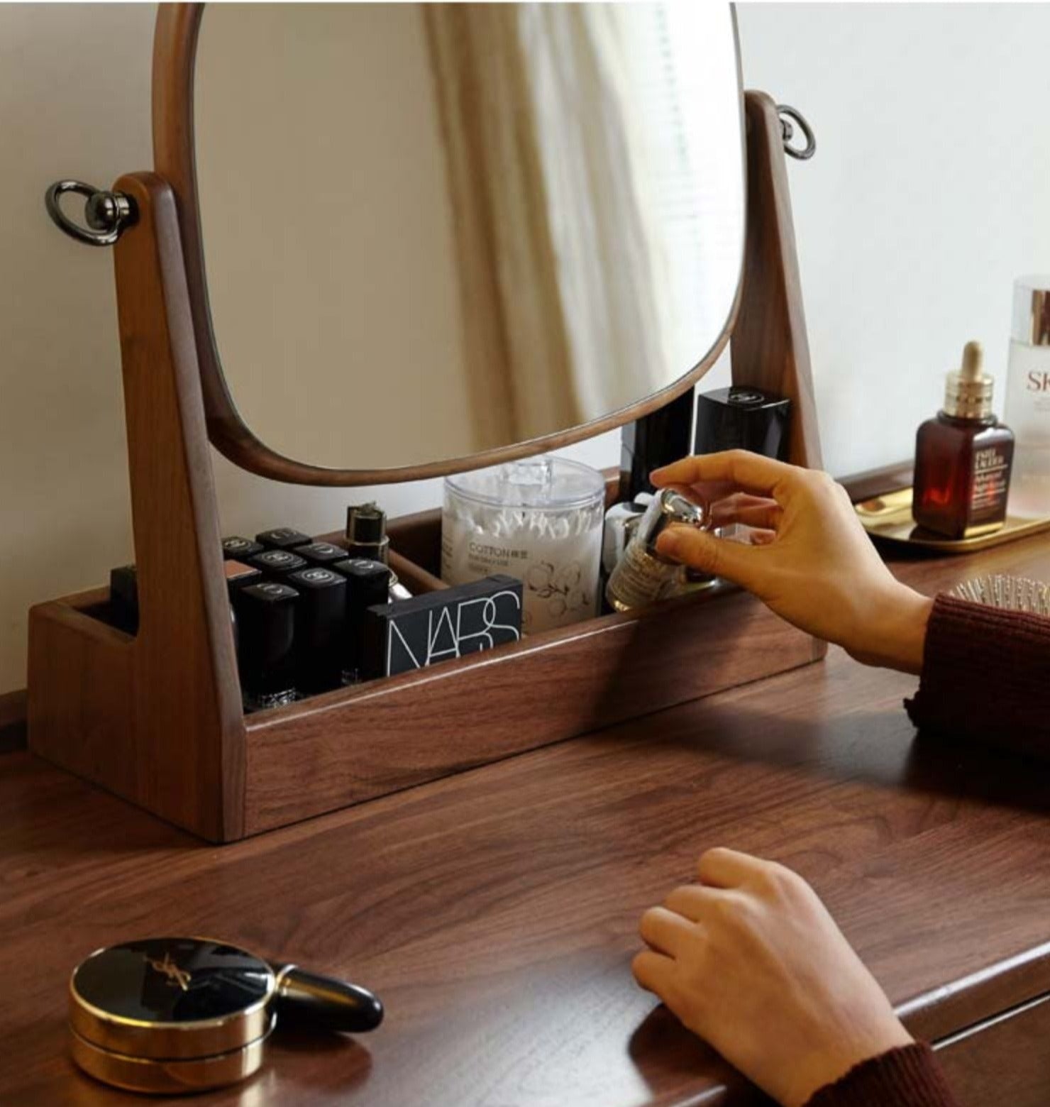 Premium Black Walnut Solid Wood Makeup Mirror & Jewelry Storage Box with 360° Rotation - Perfect for Vanity, Dressing Table, and Bathroom Organizer