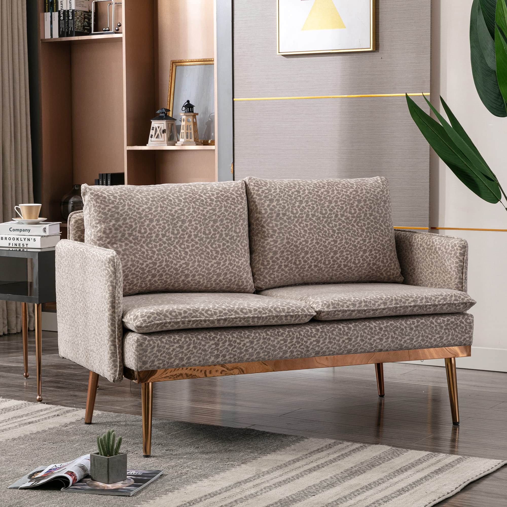 Yoluckea Loveseat Sofa - Small Upholstered Couch with Removable Thick Cushions & Golden Metal Legs, Compact Furniture for Small Spaces (Leopard Gray) - Perfect for Apartments, Dorms & Cozy Living Rooms