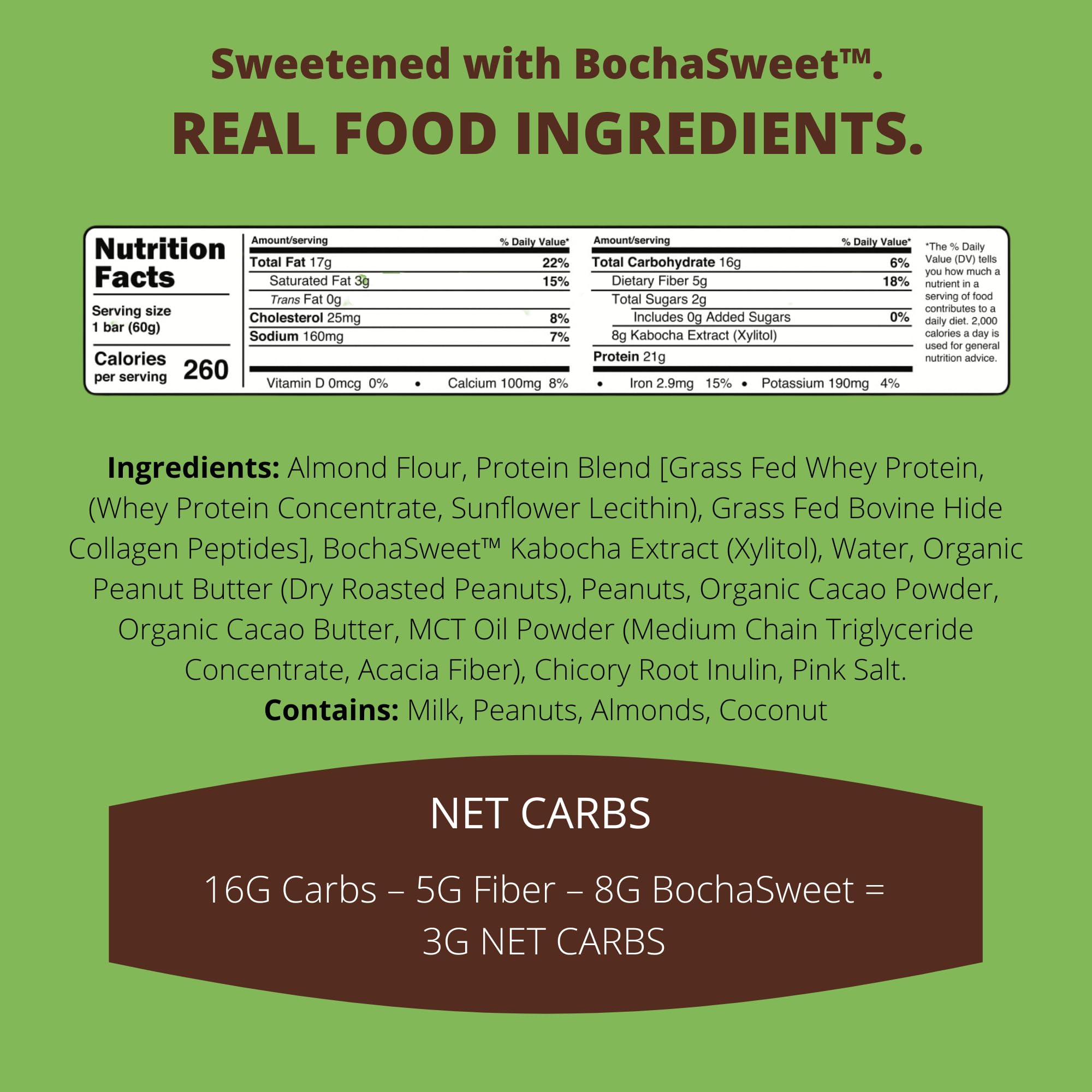 BochaSweet Keto Protein Bar - Chocolate Peanut Butter Flavor with 21g Grass-Fed Collagen | Low Carb, Keto-Friendly, Gluten Free Snack | 4 Count Pack | Perfect for On-the-Go Nutrition & Post-Workout Recovery