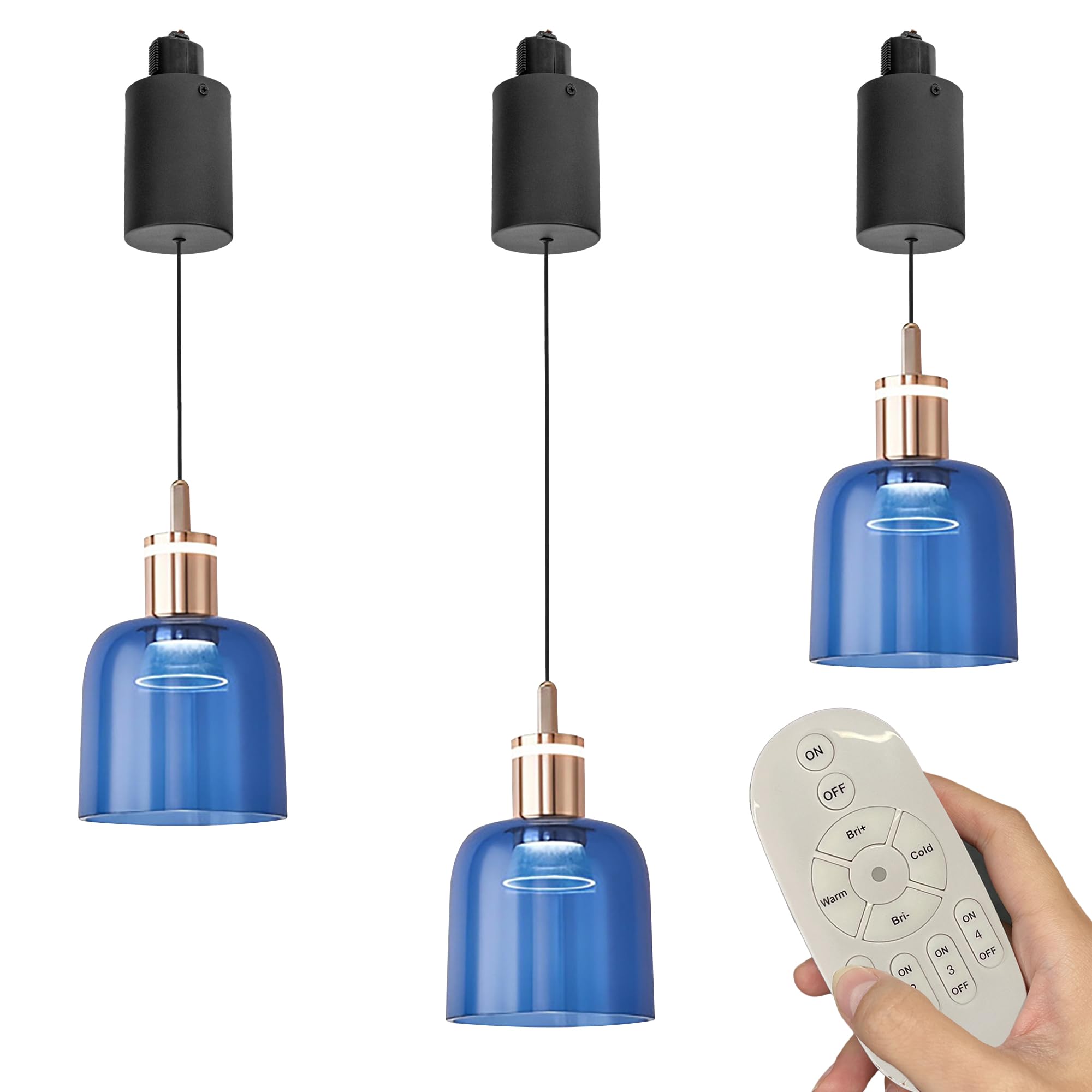 Adjustable Height H-Type Retractable Track Pendant Light - 3000K Warm White LED, Customizable Indoor Island Lighting with Adjustable Wire Dome Lamps (3-Light Set, Deep Blue) - Perfect for Kitchen Islands, Dining Rooms, and Modern Home Decor