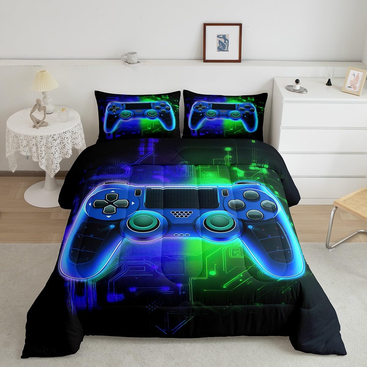 Cool Gaming Comforter Set for Boys - Full Size Video Game Controller Bedding with 2 Pillowcases | Blue & Green Gamer Duvet Cover | Perfect for Kids' Bedroom, Sleepovers & Gaming Themed Decor
