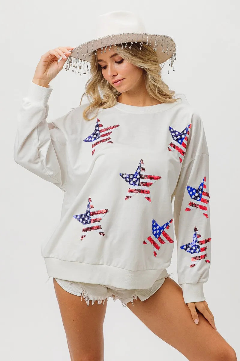 BiBi American Flag Sequin Star Sweatshirt - Patriotic Pullover with Sparkling Stars | Perfect for 4th of July, Veterans Day & USA Themed Parties