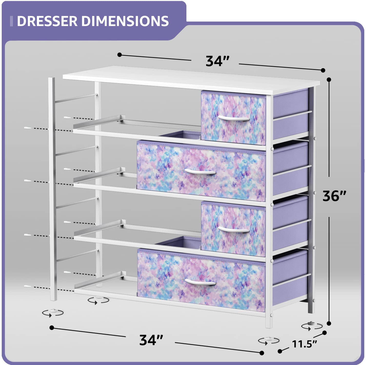 Sorbus 8-Drawer Dresser Storage Organizer for Kids, Teens, Bedroom & Nursery - Wood Top with Steel Frame & Fabric Bins (Tie-Dye Purple) - Perfect for Clothes, Toys & Playroom Organization