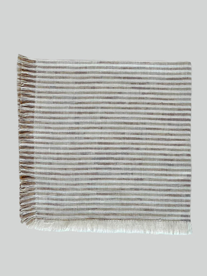 Premium Austin Fringed Linen Napkins Set of 4 - Beige & White Stripes for Elegant Dining, Wedding Decor, and Rustic Table Settings