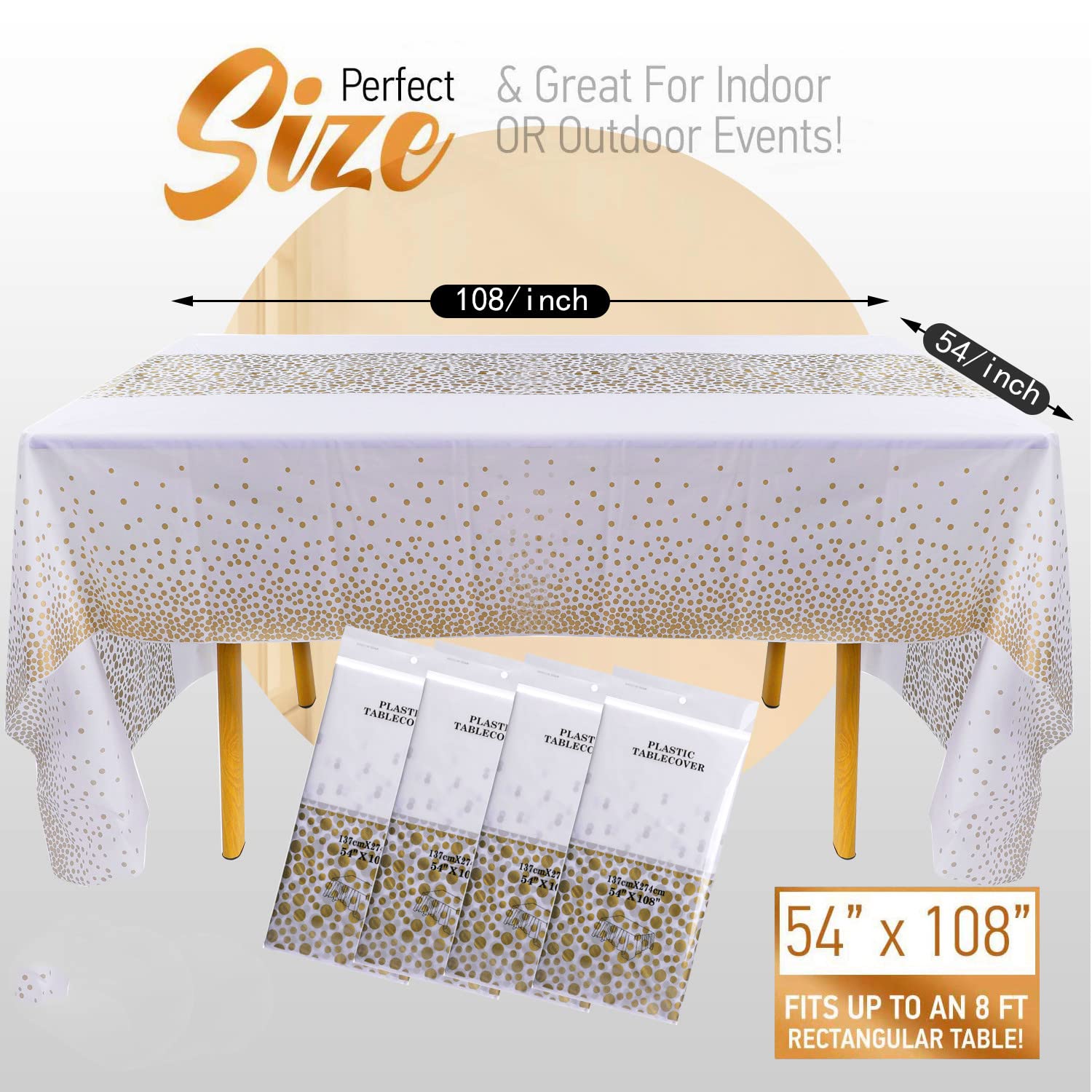 8 Pack White and Gold Plastic Tablecloths for Rectangle Tables - Waterproof & Wrinkle-Free Party Table Covers for Birthday, Anniversary, Wedding & Holiday Decorations - Perfect for Indoor/Outdoor Dining Events