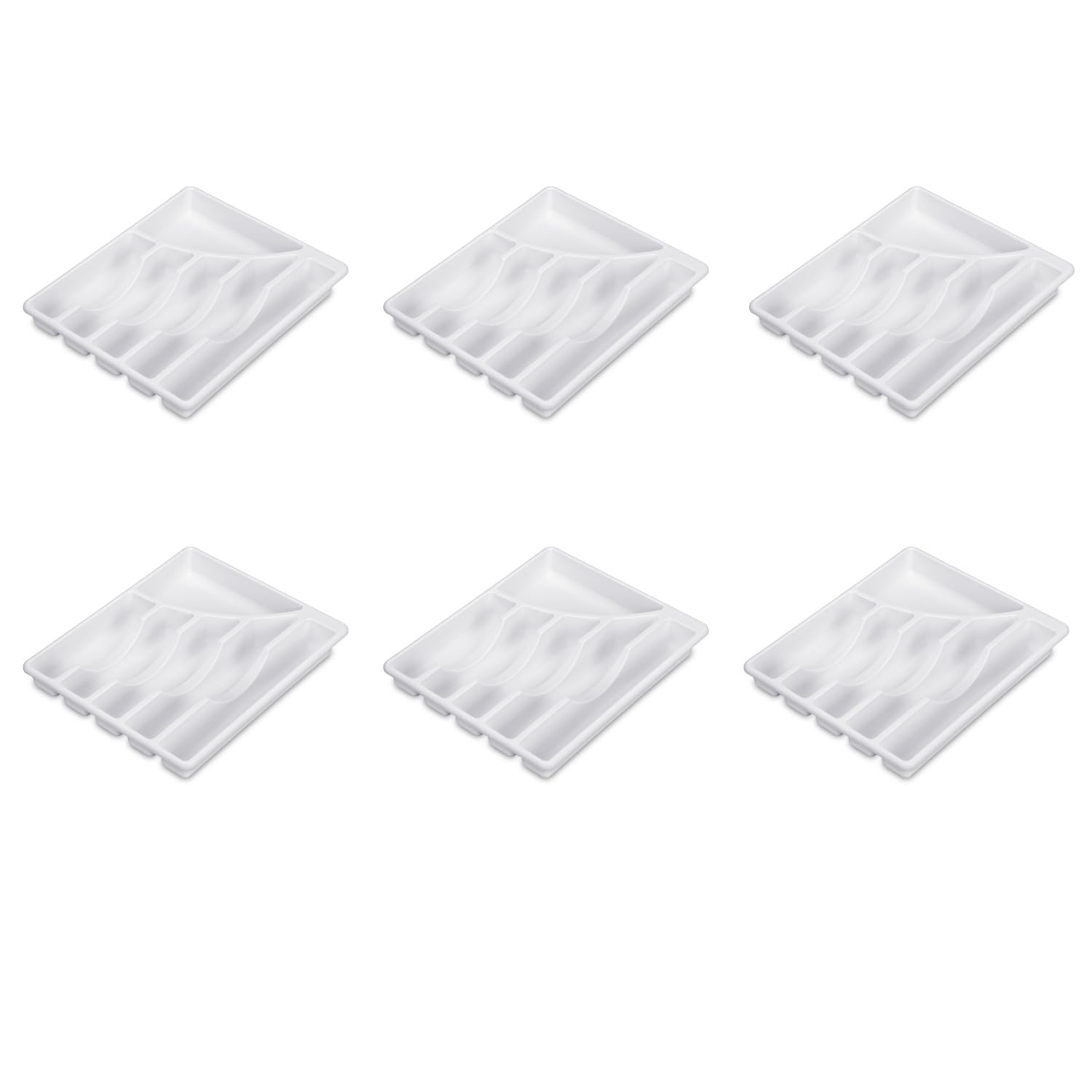 Sterilite 6-Compartment Plastic Cutlery Tray Organizer - White Kitchen Drawer Storage for Silverware, Utensils & Flatware (6-Pack) - Perfect for Home, Restaurant & Office Organization