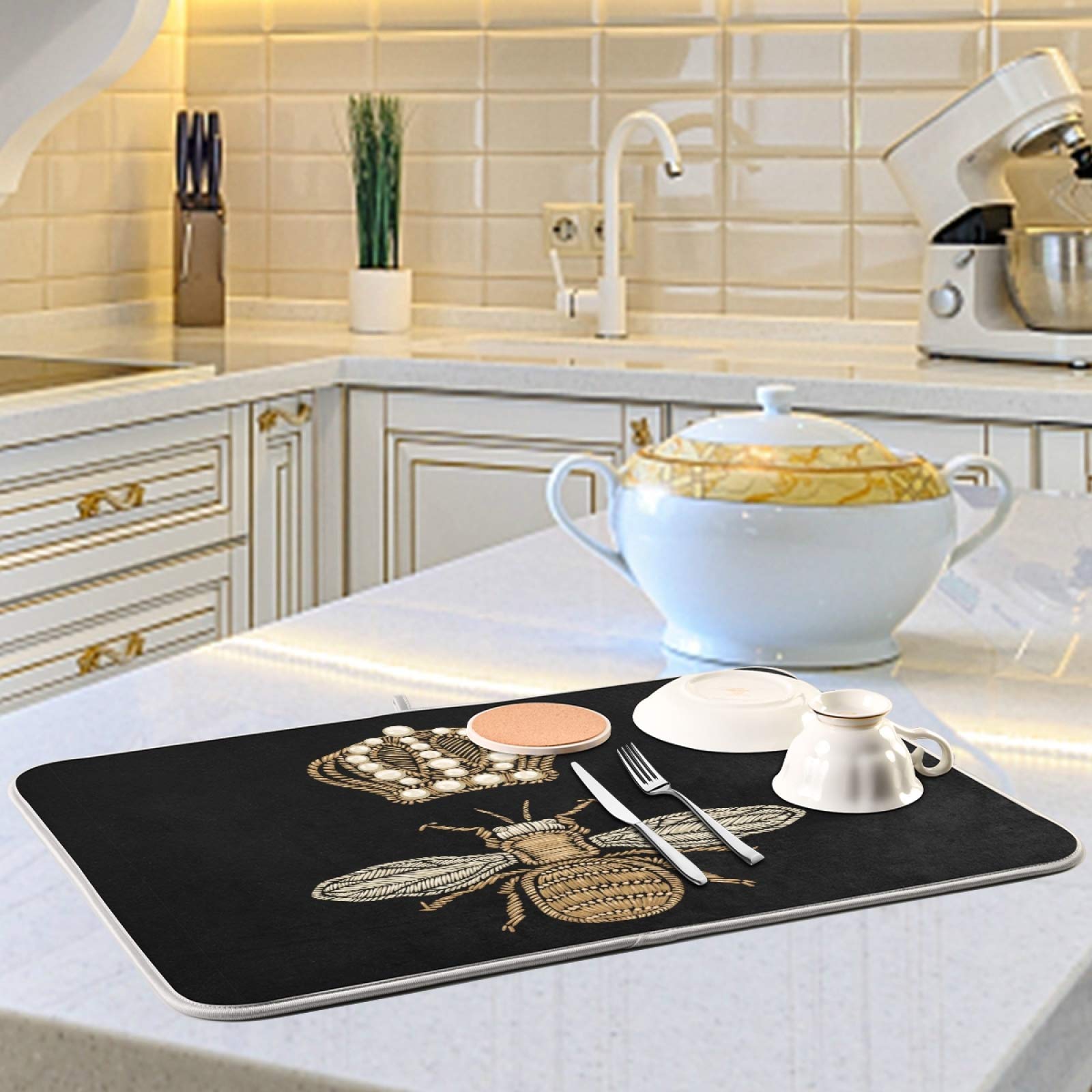 Susiyo Gold Bee and Crown Microfiber Dish Drying Mat - Super Absorbent, Machine Washable, Fast Drying, Heat-Resistant Kitchen Counter Dish Drainer (16x18 Inch) - Perfect for Drying Dishes, Protecting Countertops & Organizing Kitchen