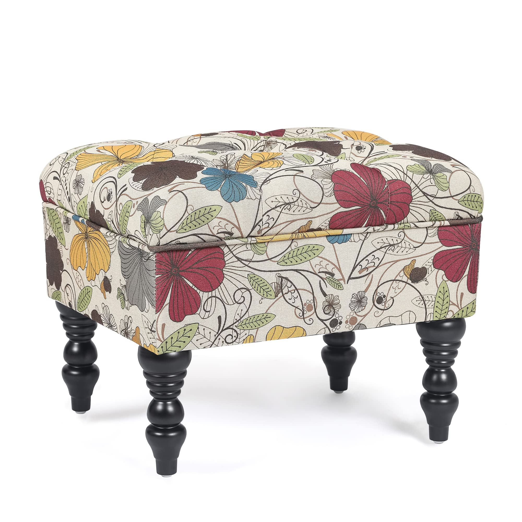 Joveco Button Tufted Ottoman with Linen Upholstery - Small Footstool, Entryway Bench with Wood Legs - Vanity Stool, Coffee Table Footrest for Living Room & Bedroom (Colorful) - Perfect for Relaxing, Decorating & Extra Seating