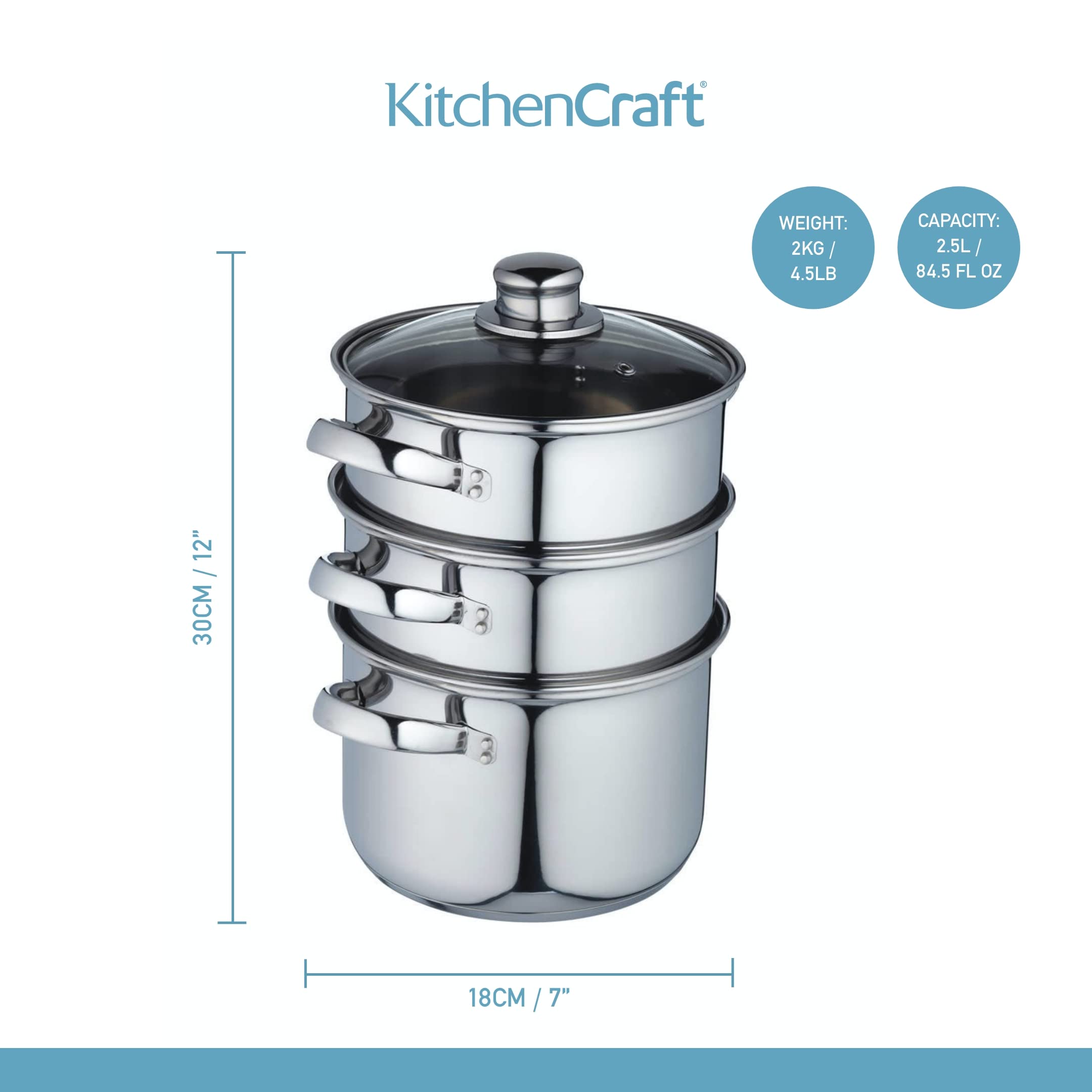 KitchenCraft 3-Tier Stainless Steel Food Steamer & Stock Pot (18cm) - Induction Safe, Includes Gift Box - Perfect for Healthy Cooking, Meal Prep & Family Dinners