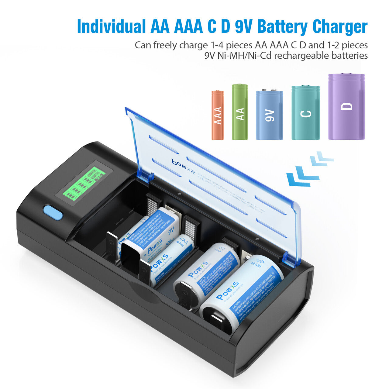 Smart LCD Universal Battery Charger for C, D, AA, AAA, 9V Batteries - Fast Charging with Digital Display - Perfect for Home, Office, Toys, and Emergency Kits