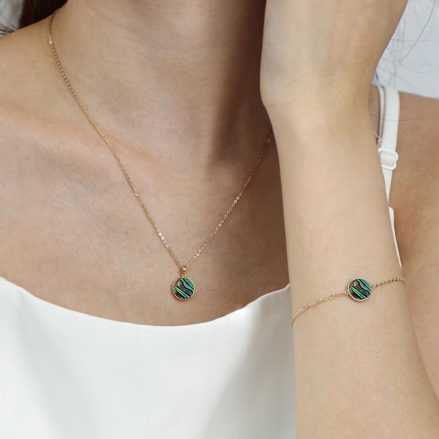14K Solid Gold Coin Necklace & Bracelet Set for Women - Mother of Pearl, Abalone, Turquoise, Black Onyx, Opal Jewelry | Elegant Anniversary, Birthday Gift for Wife, Mom, Her | Perfect for Weddings, Parties, Special Occasions