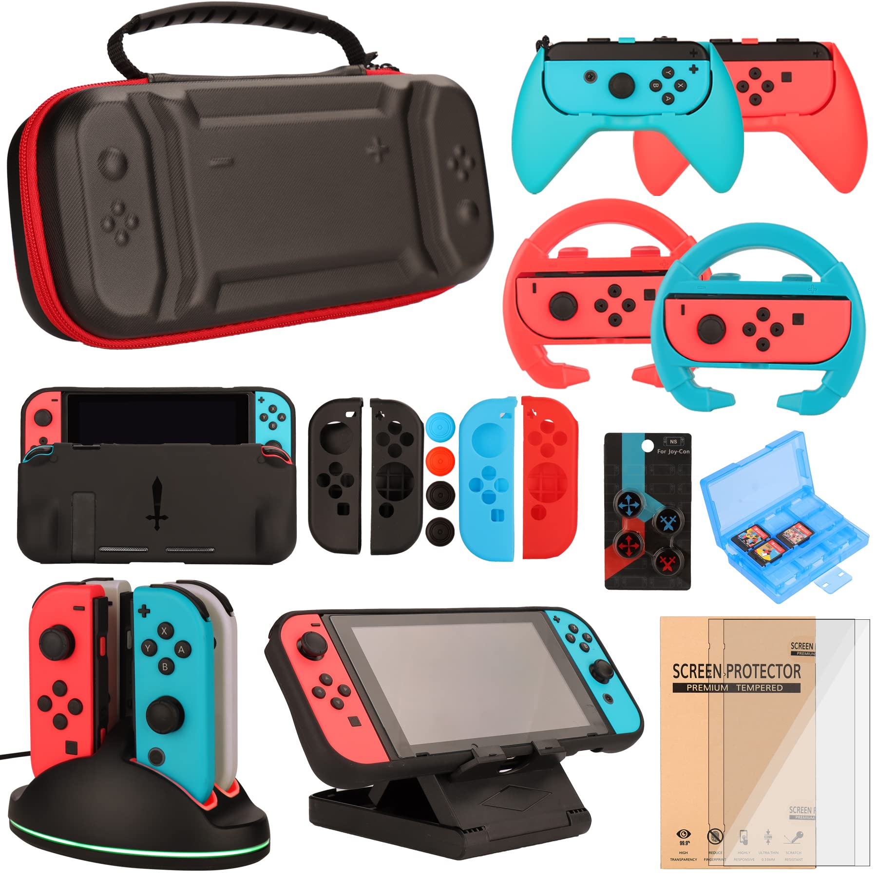 Premium Nintendo Switch Accessories Bundle - 23-in-1 Kit with Carrying Case, Steering Wheels, Screen Protectors, Charging Dock, Joy-Con Grips & Thumbstick Caps - Perfect for Gaming On-The-Go, Travel Protection & Enhanced Gameplay Experience