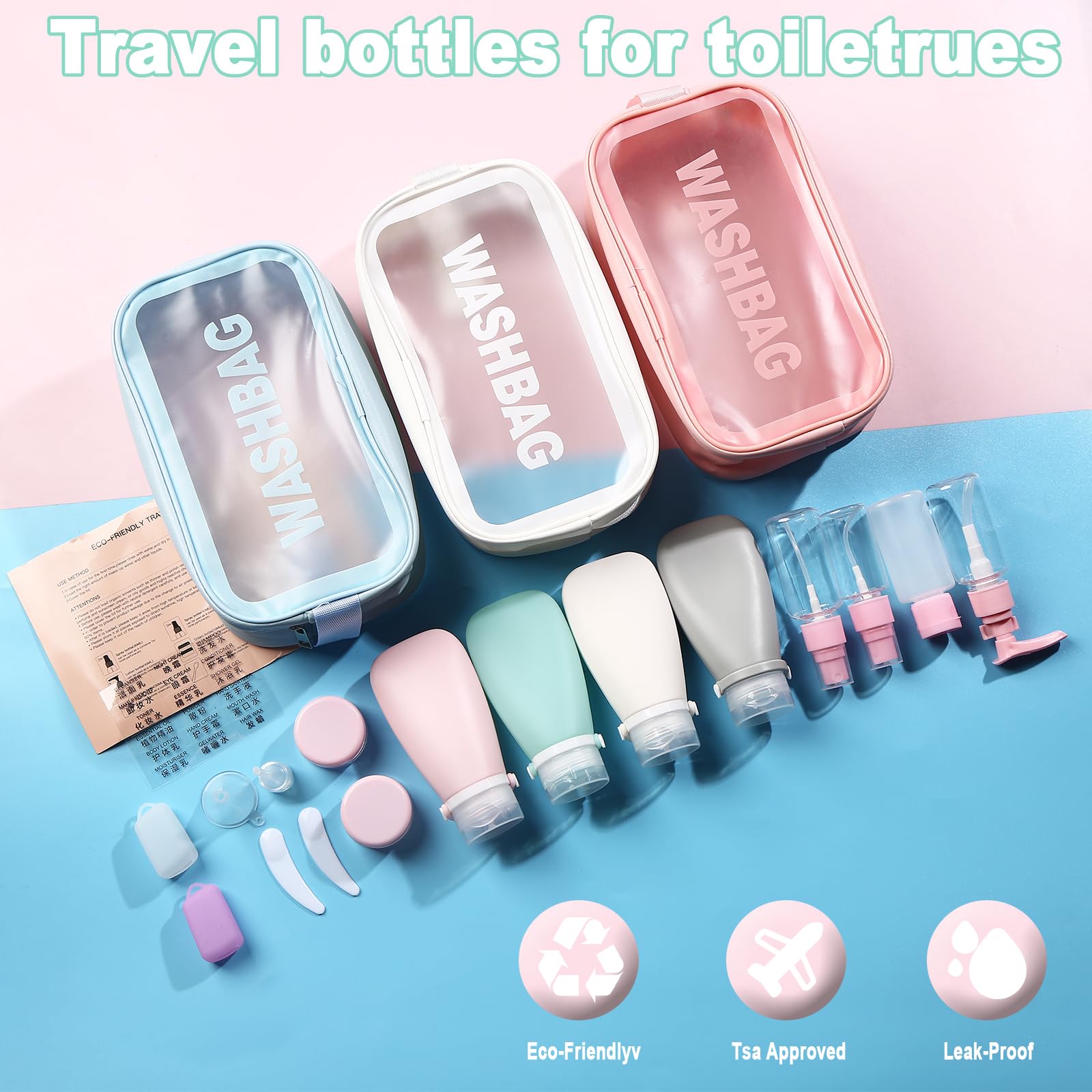 18 Pc Travel Bottle Set - TSA Approved Leak Proof Toiletry Containers with 3 oz Bottles, Funnel & Toothbrush Cover | Perfect for Airplane Carry-On, Vacation Essentials & Gym Bag Organization